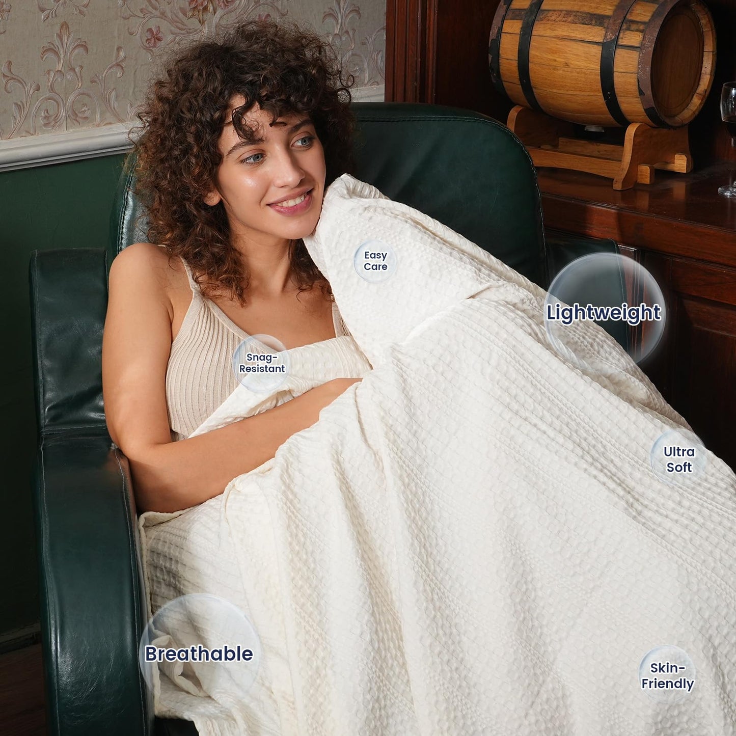PHF Lightweight Waffle Weave Throw Blanket 50"x 60", Soft Woven Summer Blanket for Hot Sleepers - Aesthetic Home Decor for Couch Bed Sofa, Pet Friendly, Cream