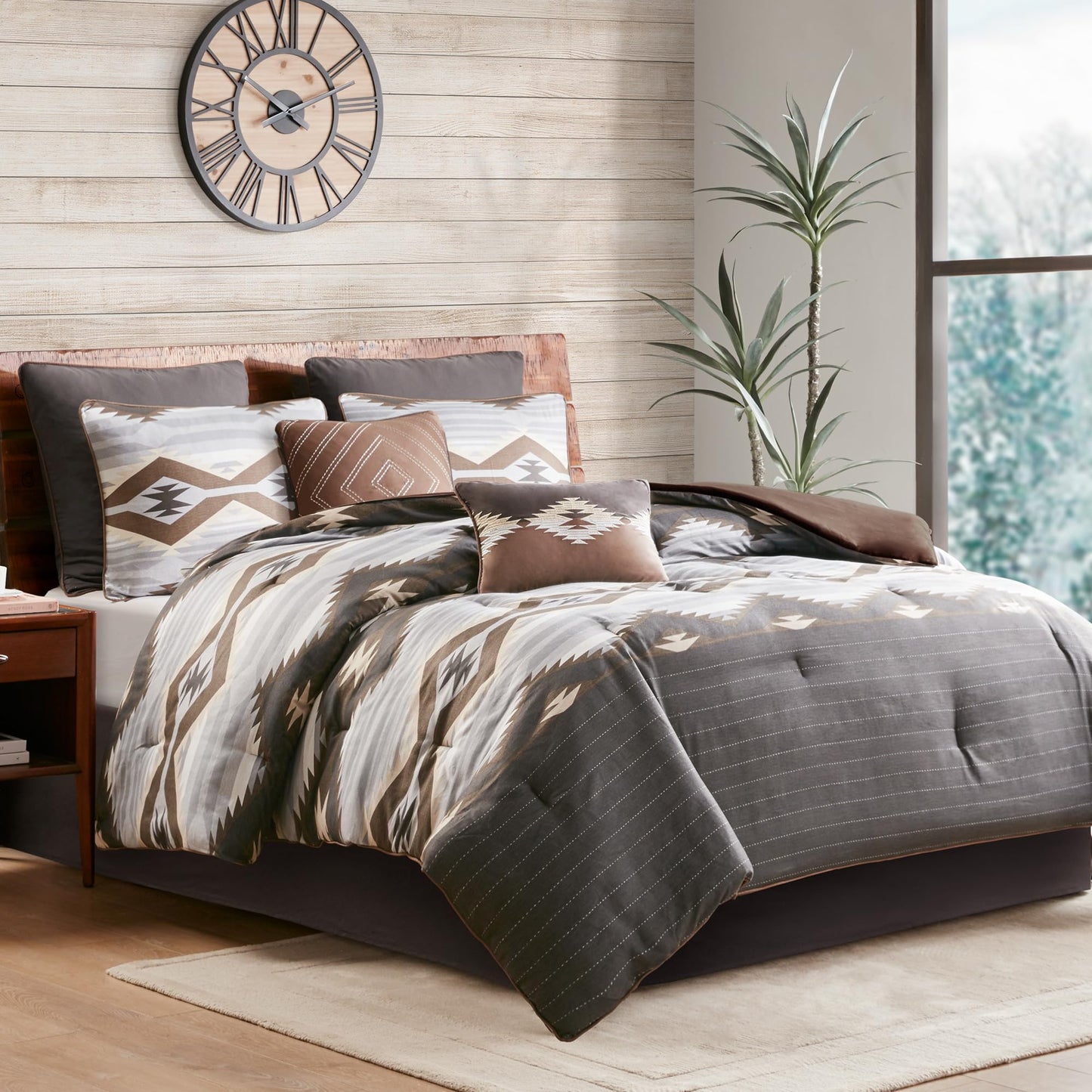 Woolrich Queen Comforter Set, Southwestern Aztec 8 Piece Bedding Set, Oversized All Season Down Alternative Comforter with Shams, Euro Shams, Decorative Pillows & Bedskirt, Rustic Cabin, Grey Brown
