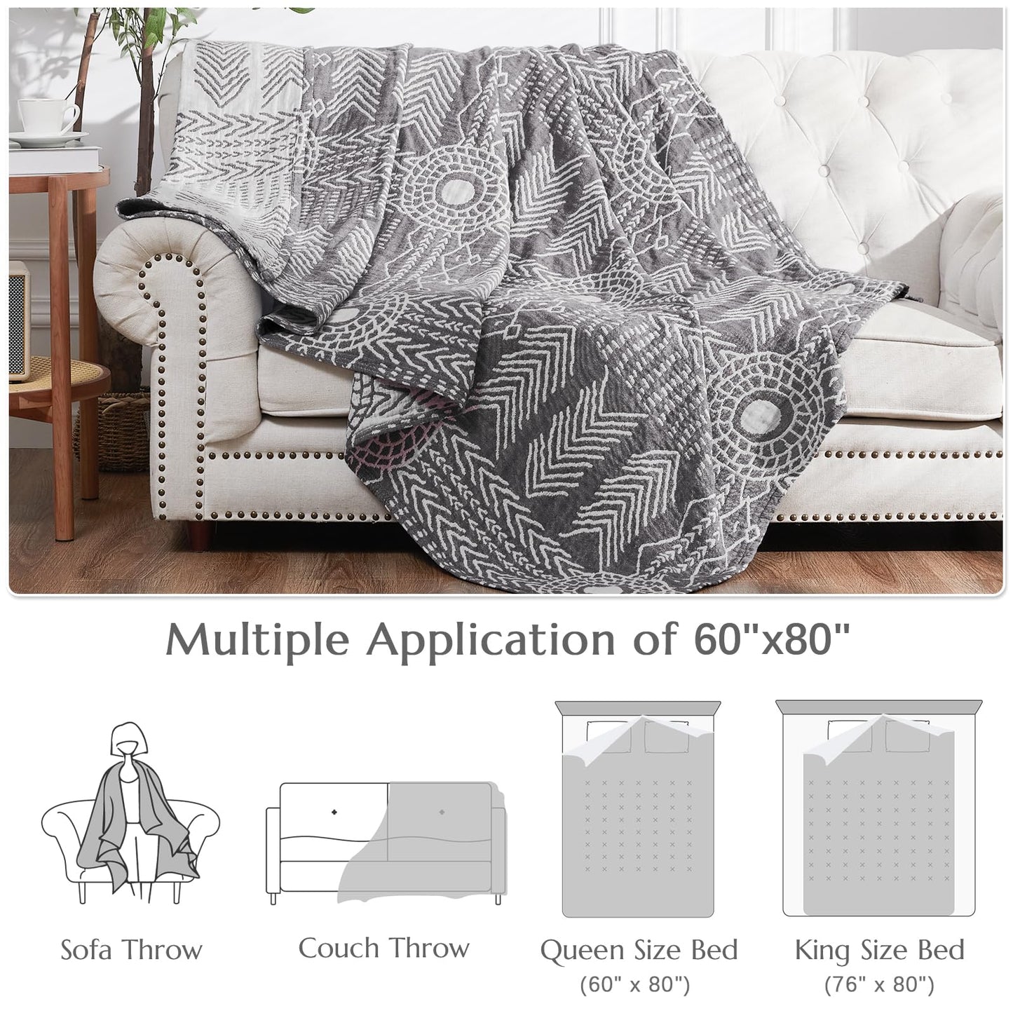JINCHAN Boho 100% Cotton Muslin Blanket 3-Layer Twin Size Geometric Lightweight Reversible Soft Cozy Throw for Couch Sofa Bed All Season Coverlet Ideal Gift Bedroom Living Room Decor Grey 60x80 Inches