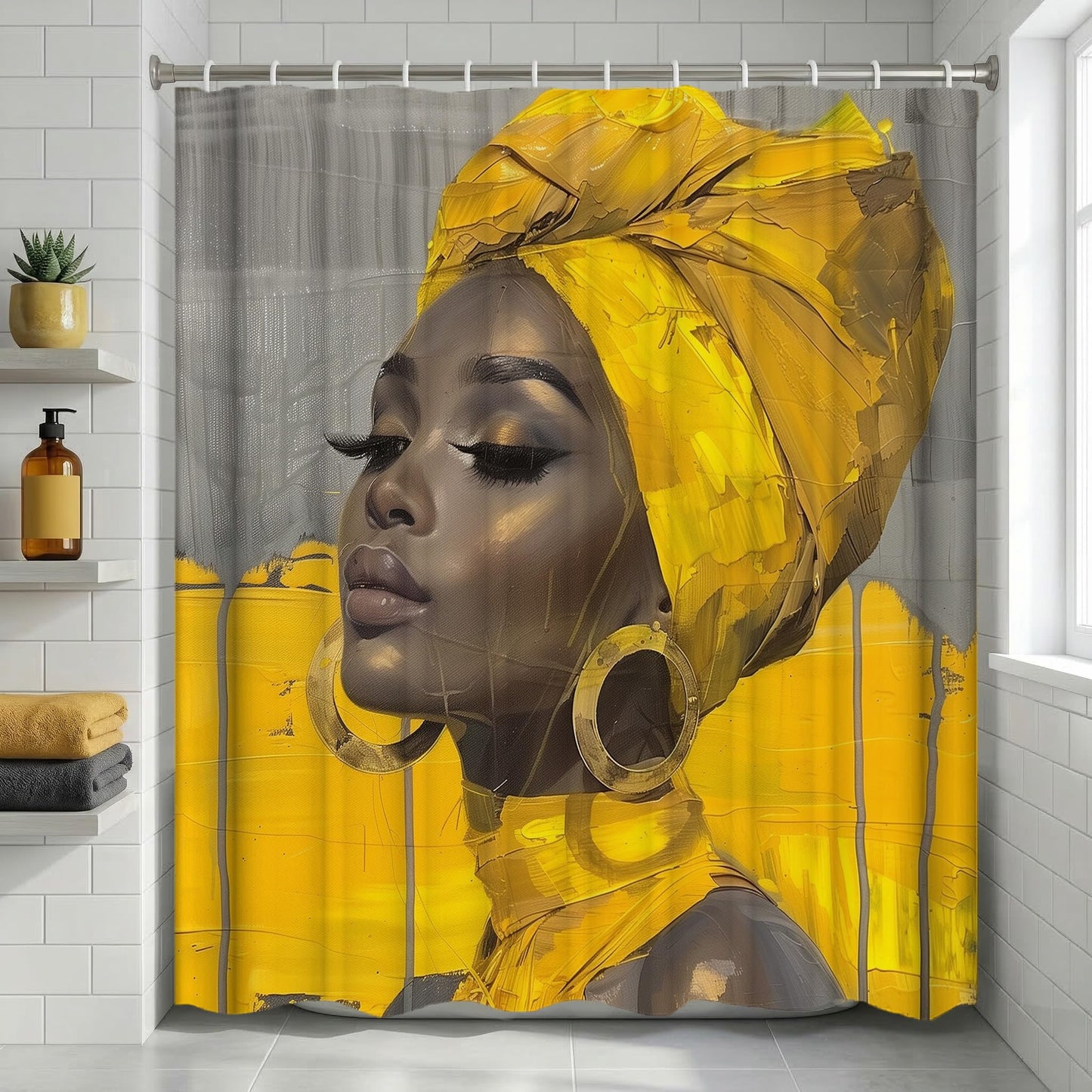HUAZIYU Golden African Women Art Shower Curtain Set, Grey Yellow Fabric
