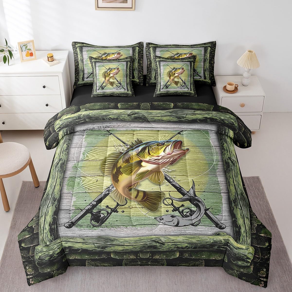 Feelyou Fishing and Hunting 7 Pieces Bedding Set Queen Size,Pike Fish Bed in a Bag Set Decor,Bass Big Fish Bed Set Includes Comforter, Sheet Set, Pillowcases Rustic Wooden Bedroom Green