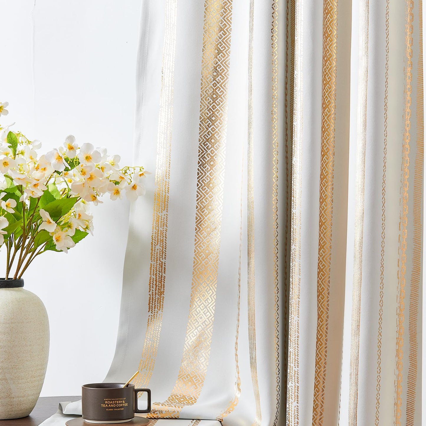 jinchan 100% Blackout Curtains 84 Inches Long for Bedroom, Boho Curtains Golden Geometric Foil Printed on Off White Back Tab Rod Pocket Holiday Room Darkening Drapes Farmhouse 2 Panels
