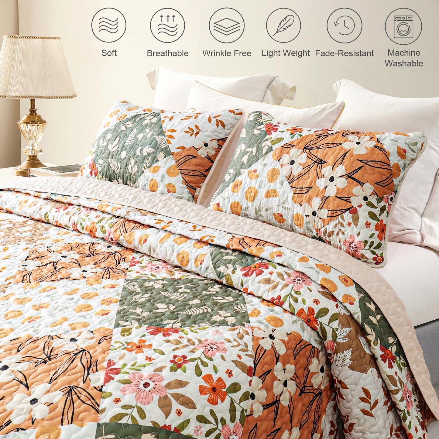 Whale Flotilla Patchwork Quilt King Size, Extra Soft Boho Floral Bedspreads for Bed Reversible Lightweight King Quilt Bedding Set Printed Coverlets with 2 Pillow Shams for All Seasons, Orange