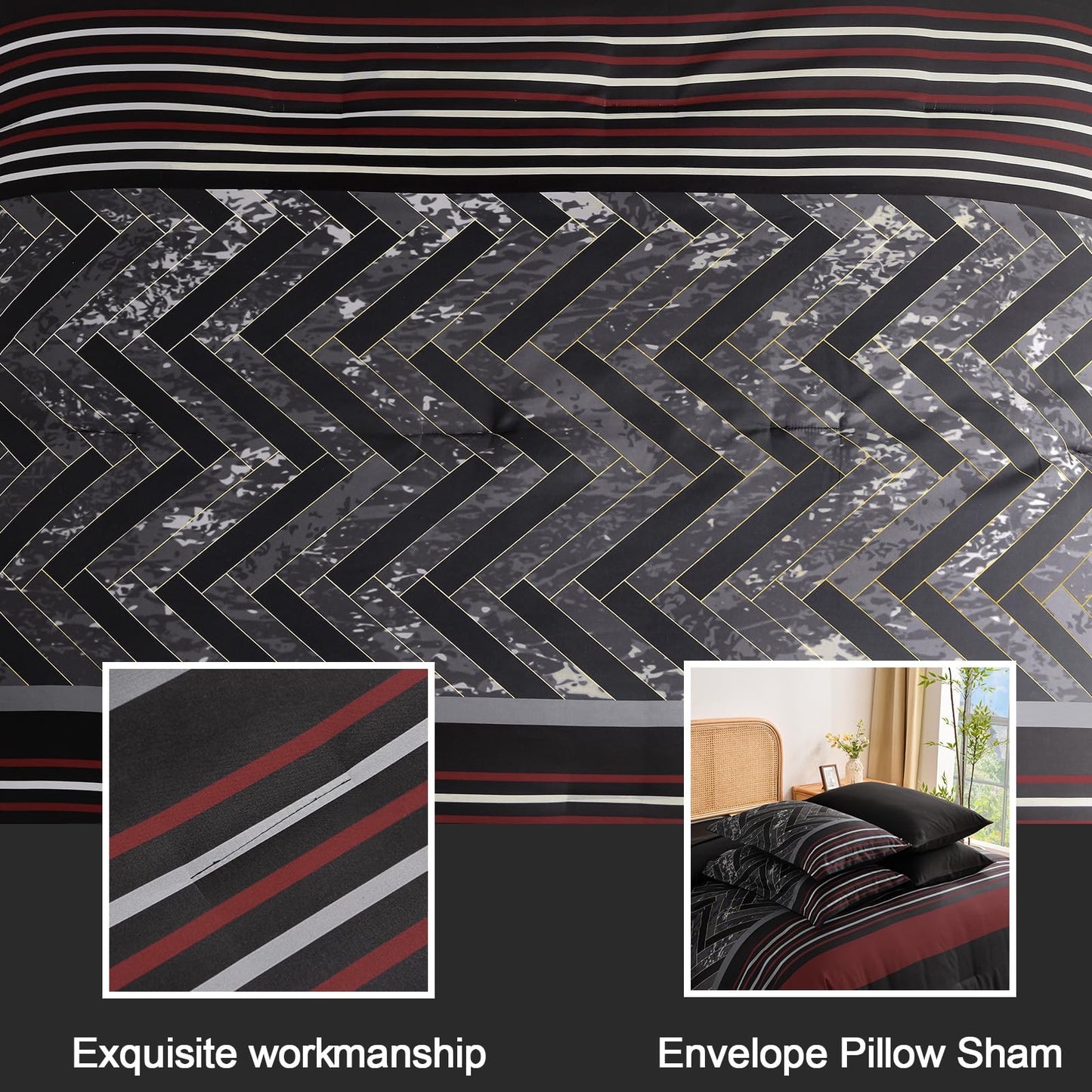 Luxudecor Black and Red Comforter Set Queen Size, 7 Pieces Stripe Geometric Bed in a Bag, Marble Comforter and Sheet Set, Soft Microfiber Complete Bedding Sets for All Seasons