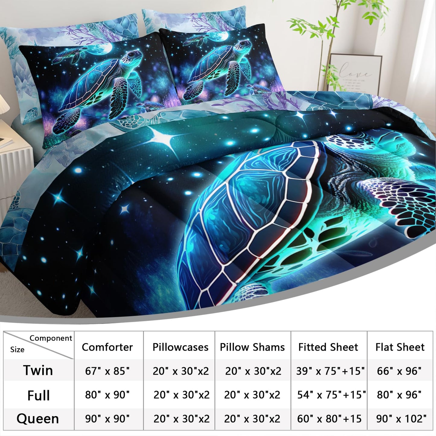 AILONEN Sea Turtle Comforter Set Twin Size,7-Piece Ocean Theme Bedding Coral Bed in a Bag,Evening Starry Moon Turtle Comforter & Fitted Sheet & Flat Sheet & 2 Pillowcases,2 Pillow Shams