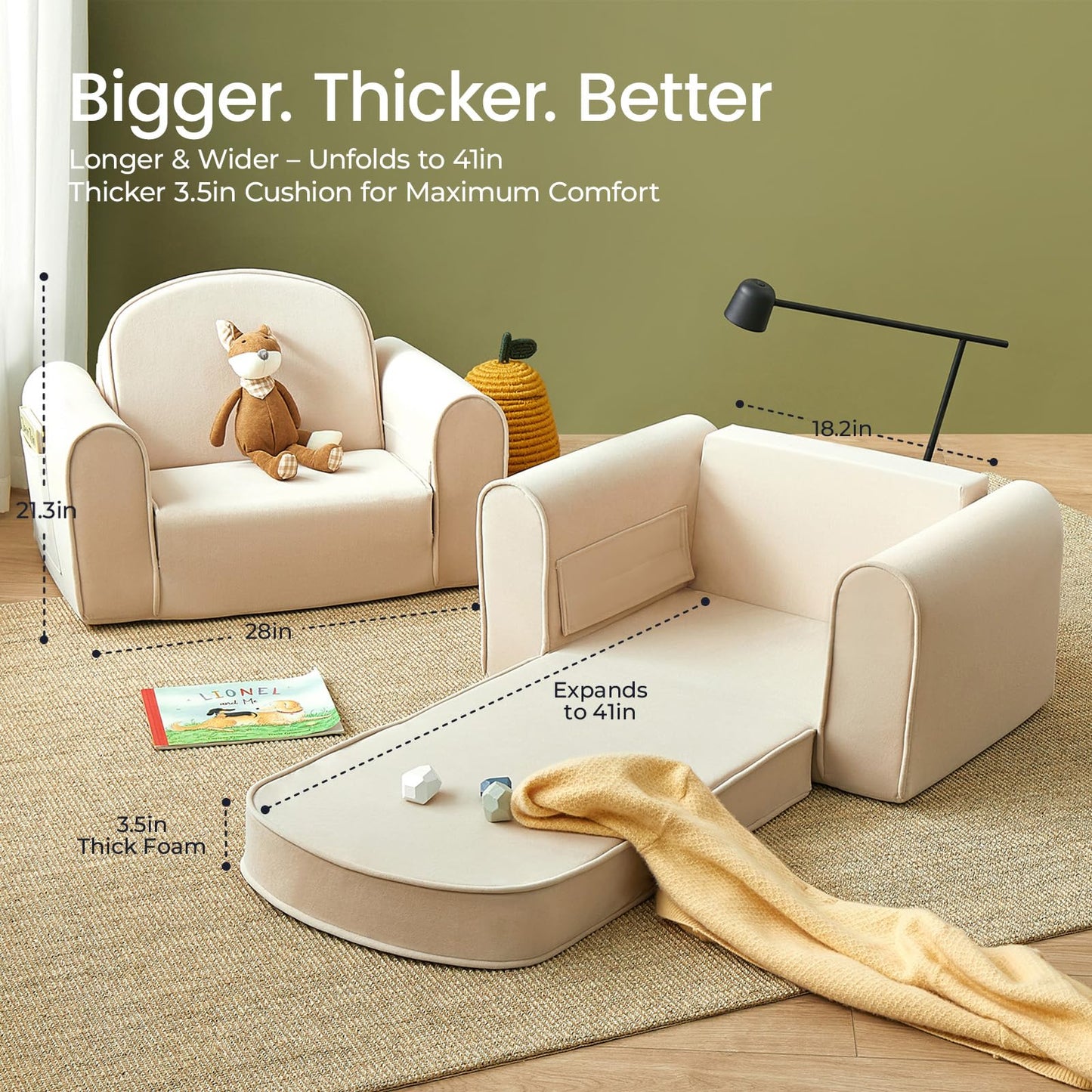 Tiny Land 2-in-1 Foldable Kids Couch with Pocket Soft Thick Toddler Sofa