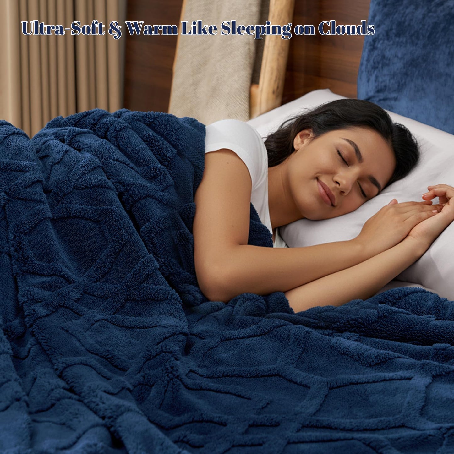 PHF Fluffy Sherpa Fleece Blanket Queen Size for Winter, Warm and Cozy, 510GSM 3D Tufted Shaggy Fleece Blanket for Sofa Bed, Navy Blue, 90"x90"