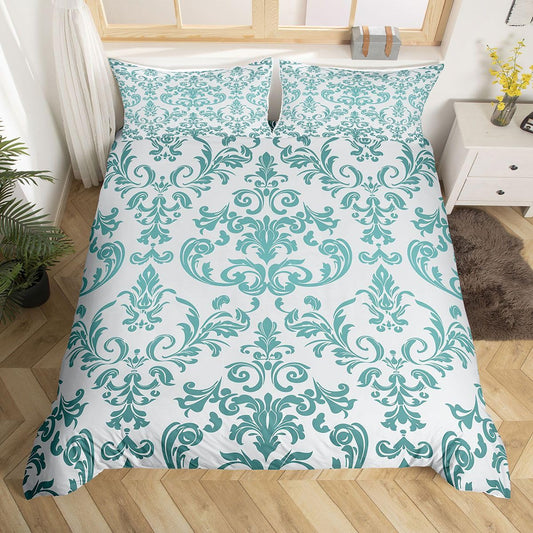 Feelyou Teal Gothic Decor Duvet Cover Set Damask Floral Vintage Bedding Set Adults Antique Baroque Classic Paisley Pattern Retro Goth Teens Bedroom Decor Bedspread Cover King Size