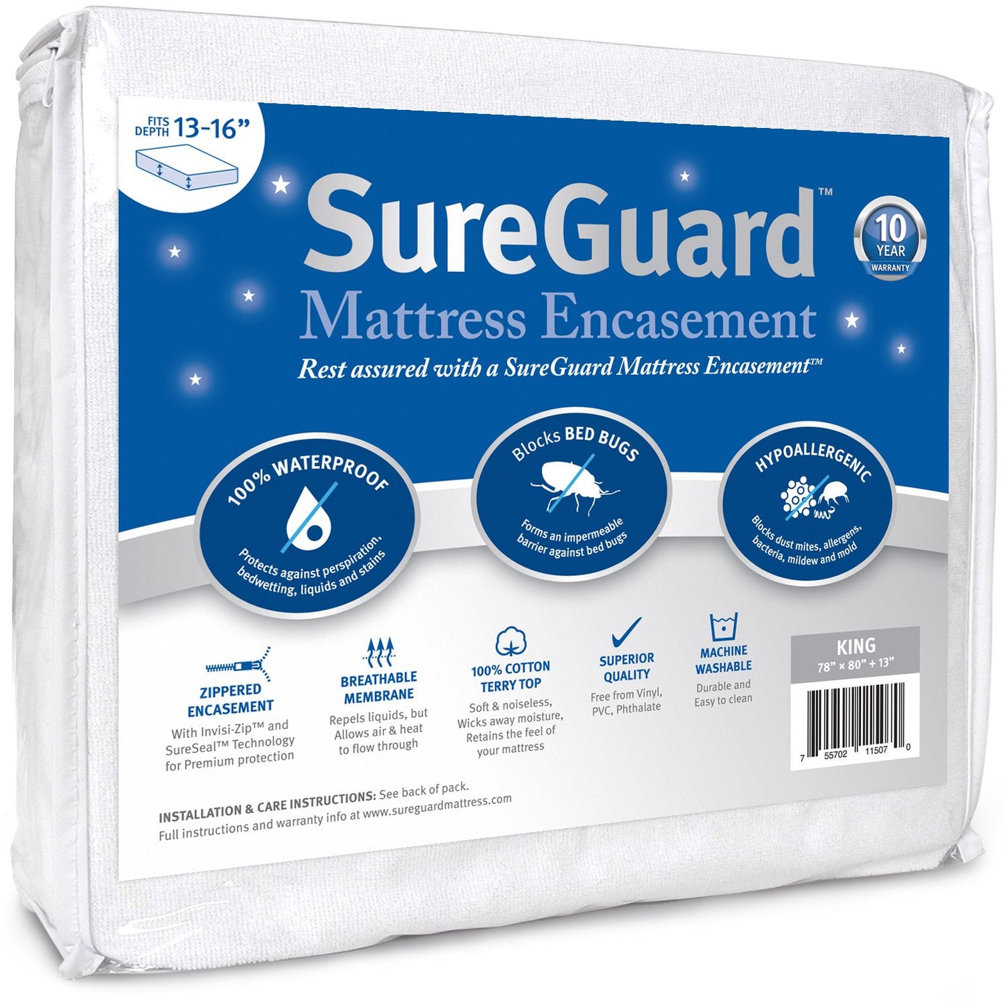 King (13-16 in. Deep) SureGuard Mattress Encasement - 100% Waterproof, Bed Bug Proof, Hypoallergenic - Premium Zippered Six-Sided Cover