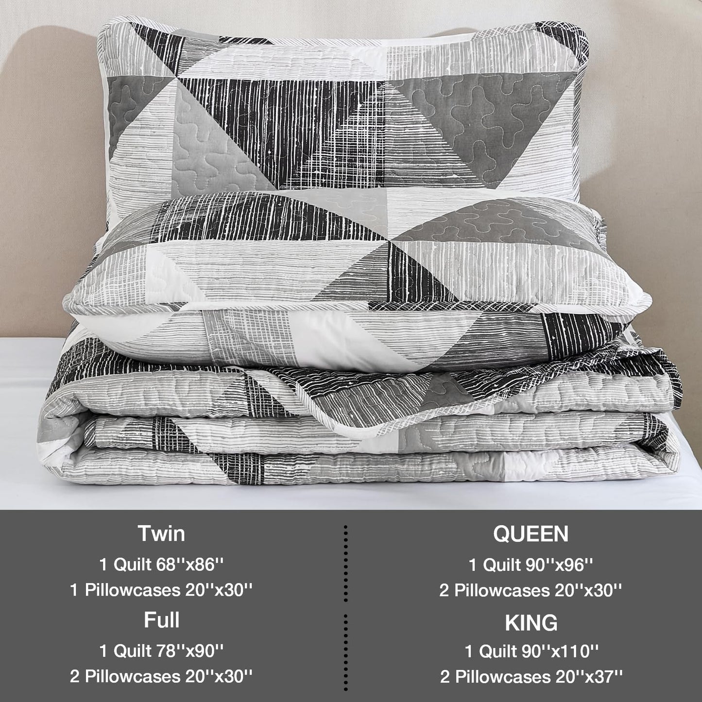 Dintszyayue Quilt Queen Size Grey, 3 Pieces Patchwork Bedspread Bedding for Queen Size Bed, Soft Lightweight Microfiber Geometric Coverlet Set for All Season Quilt with 2 Pillowcases