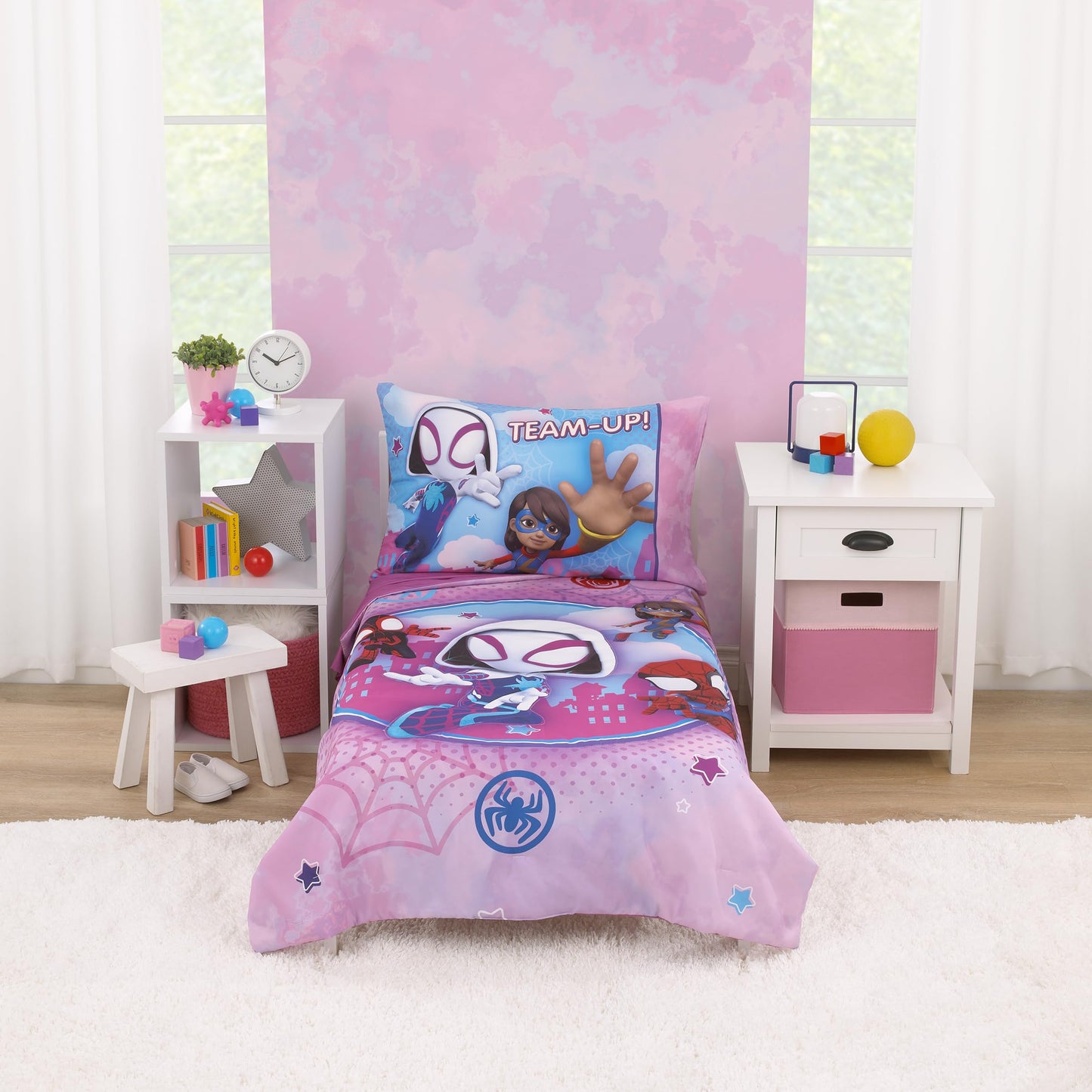 NoJo Marvel Ghost Spider, Go Ghosty Purple, Pink, and Blue 4 Piece Toddler Bed Set - Comforter, Fitted Bottom Sheet, Flat Top Sheet, and Reversible Pillowcase