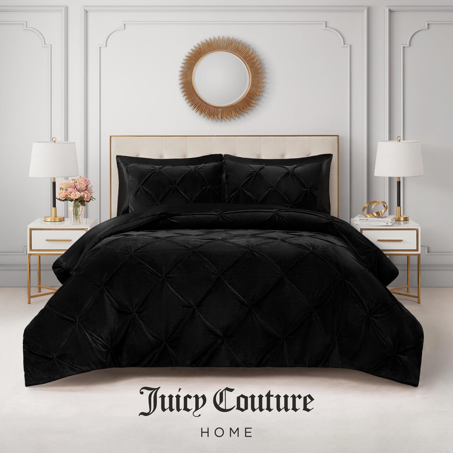 Juicy Couture Kiss Pleat Plush Micromink Black King Comforter Set - Cozy 3 Piece Bedding Ensemble