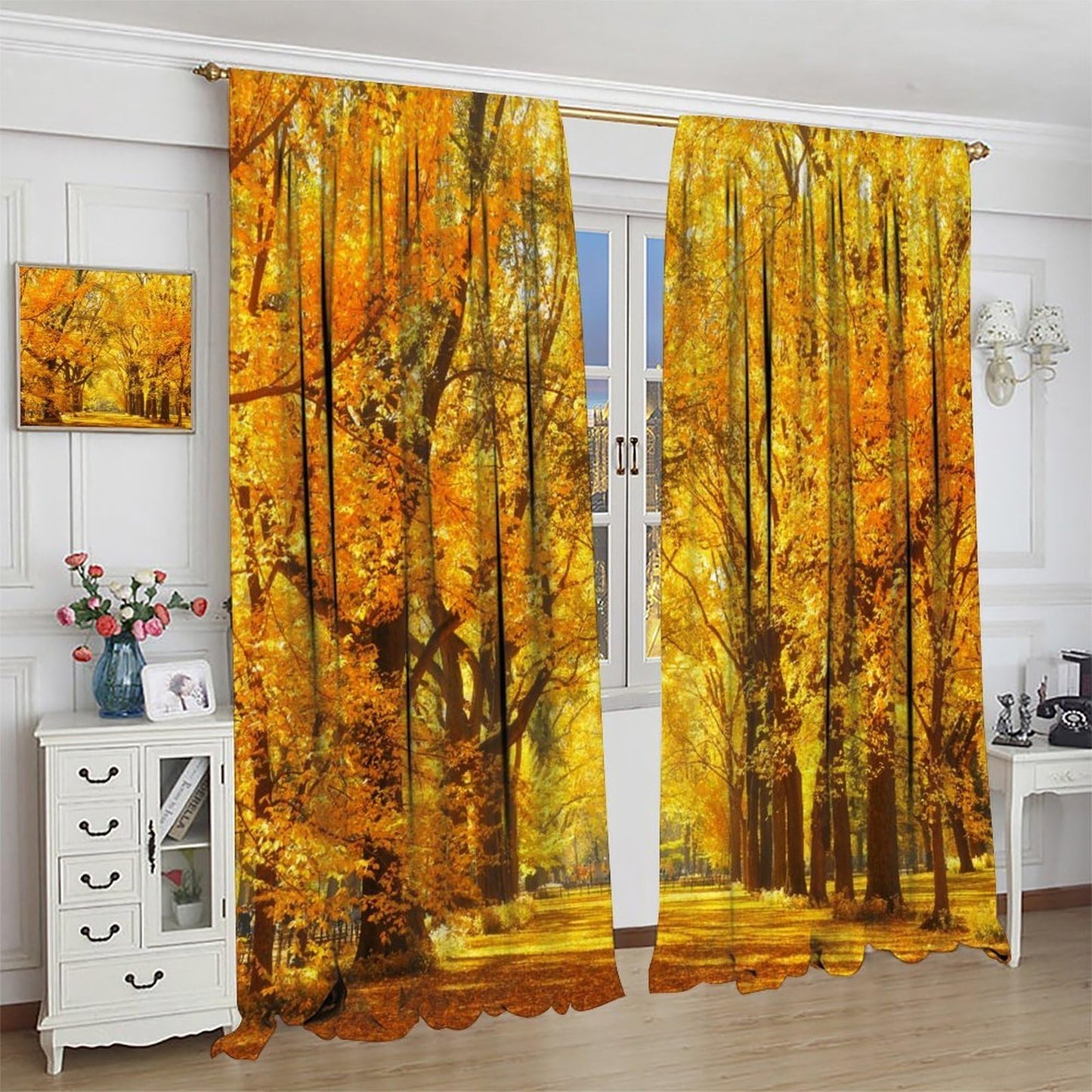 Nanacur Fall Forest Landscape Curtains, Fall Maple Leaves Tree Nature Autumn Season Rod Pocket Window Treatment for Living Bedroom Office Cafe Kitchen Drapes 41" W X 45" L (No Blackout)