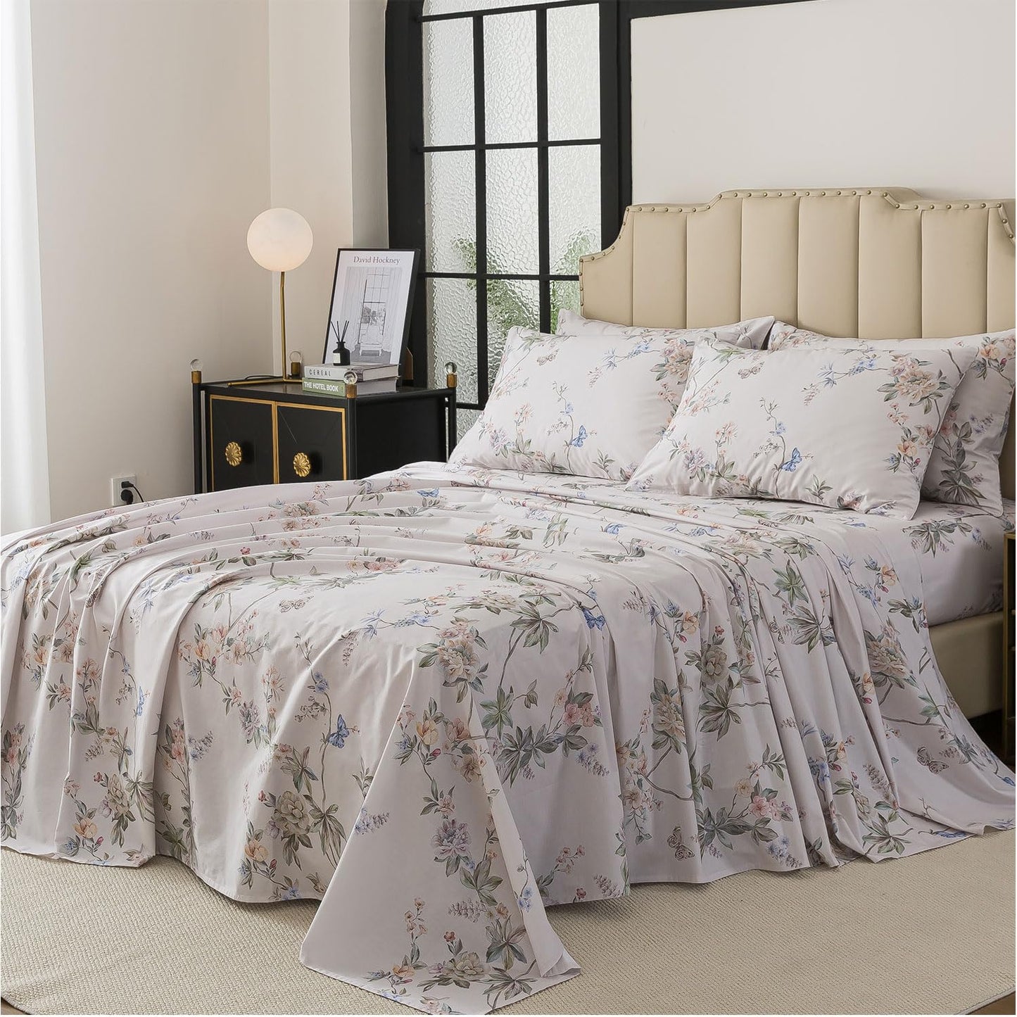 FADFAY Queen Size Sheets Set – 4 Pieces Percale Cotton Deep Pocket Fitted Sheet, Crisp, Breathable & Soft, Country Style Floral & Butterfly Pattern Bedding for All Seasons