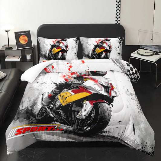 lneffble Motorcycle Race Comforter Set Twin Size for Boys，Kids Sports Themed Twin Size Bedding Set，Sport Quilt for Boys，with 1 Comforter with 2 Pillow Case