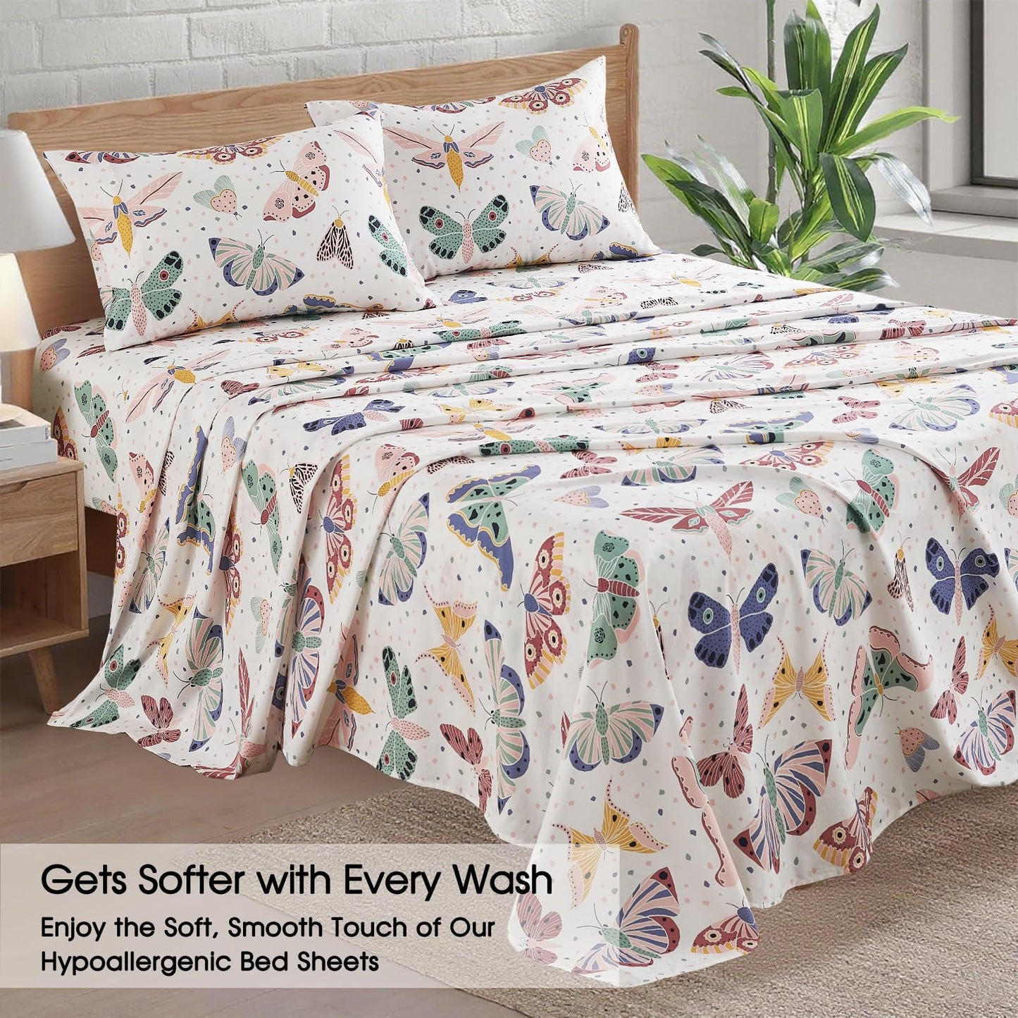 Ivellow Twin Sheets Set Kids 100% Natural Cotton Sheets Soft Breathable Durable Lightweight Crispy Percale Bed Sheets 16" Deep Pocket Butterfly Patterned Sheets Kids Twin Bedding Dorm Essentials