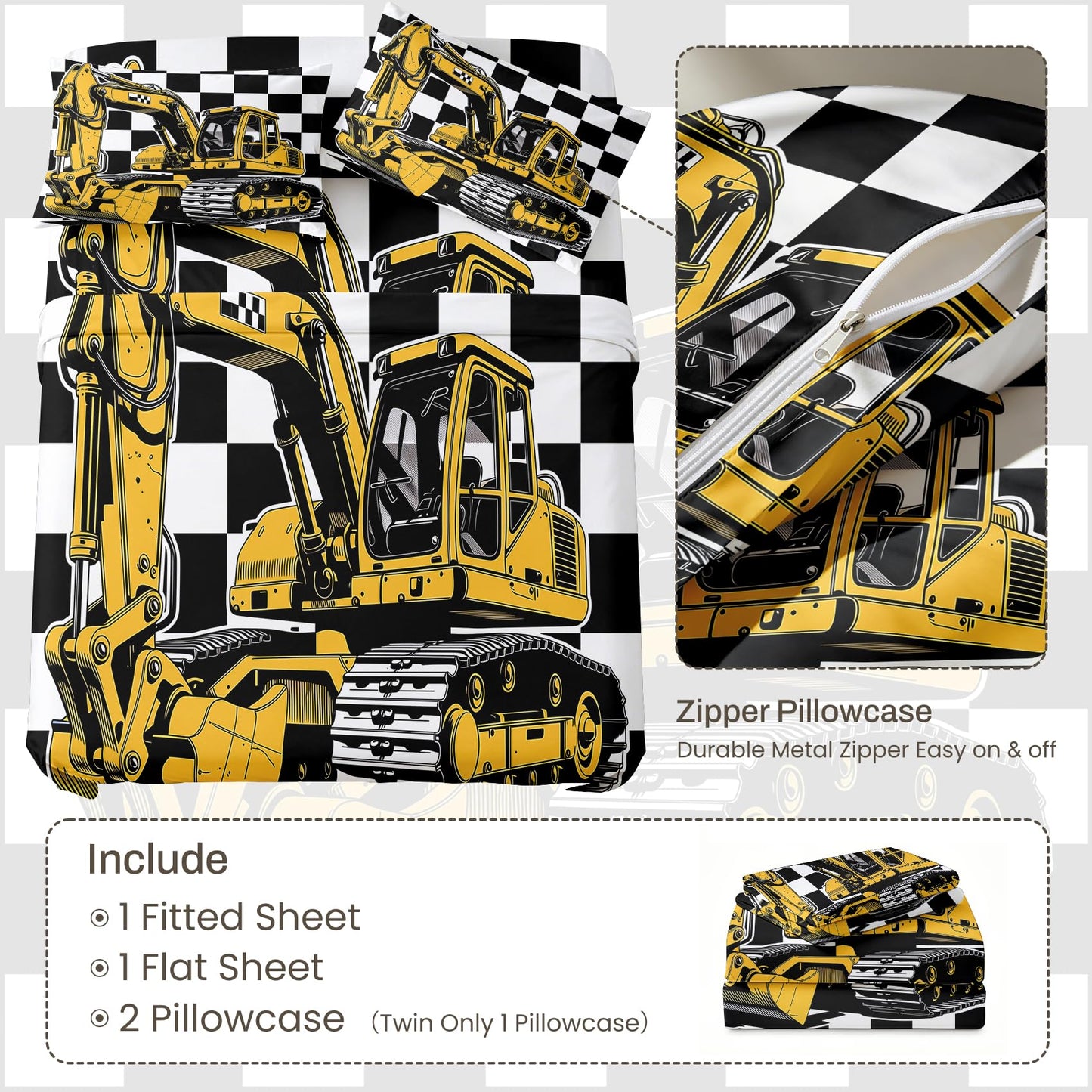 Excavator Bedding Set 4 Pcs Construction Vehicle Queen Sheets, White Orange