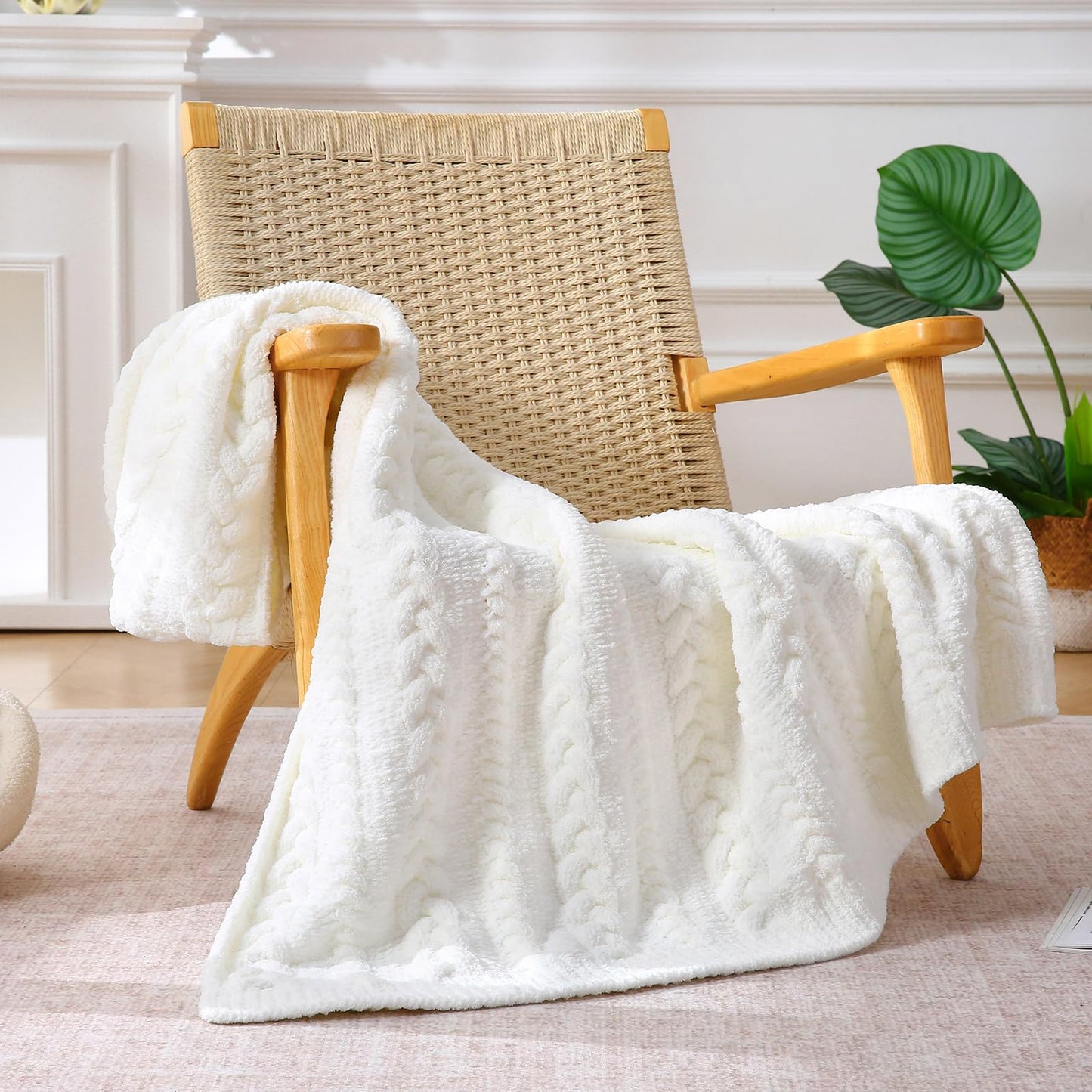 FULFCLVR Cable Knit Throw Blanket 50x60 Inches - Chunky Knit Chenille Blanket for Couch, Bed | Warm & Cozy Winter Blanket for Living Room, Farmhouse Home Decor | Off White