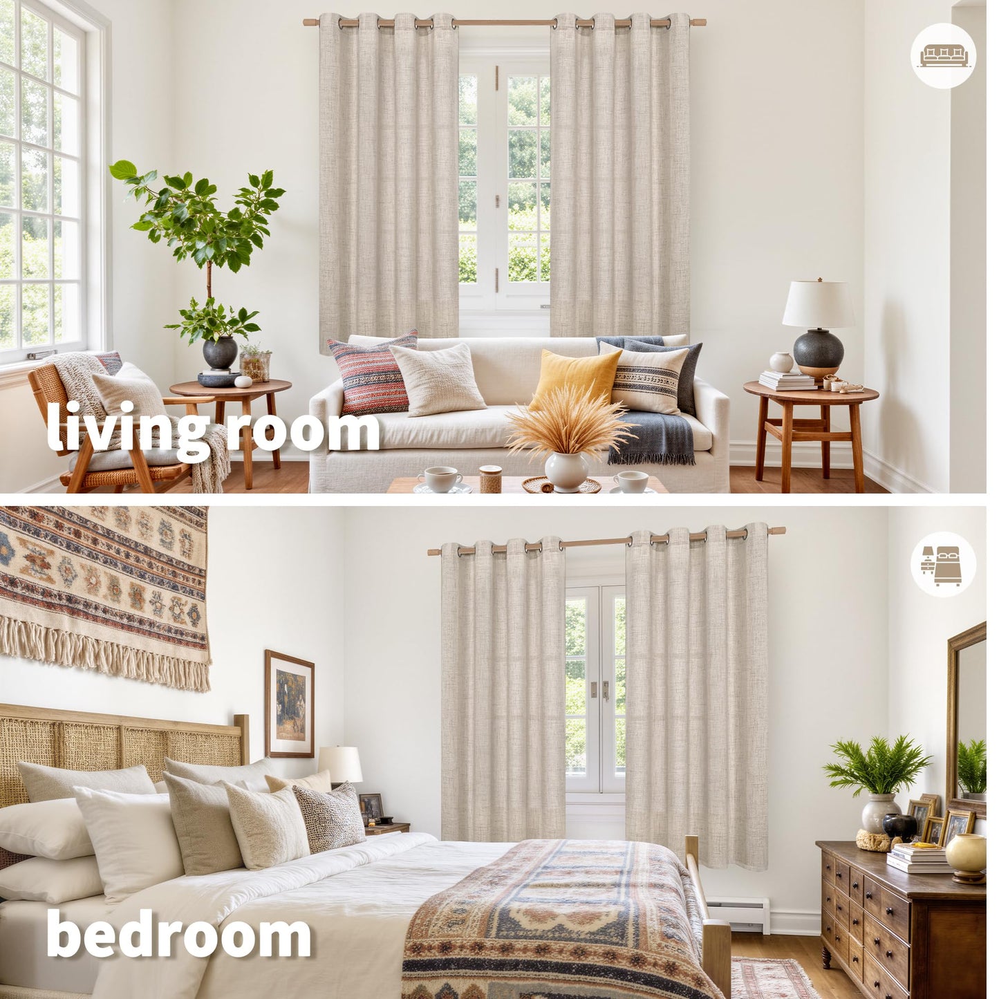 YoungsTex Linen Semi Sheer Curtains 63 Inch Length 2 Panels for Living Room - Light Filtering Drapes with Bronze Grommet Beige Window Treatments for Office Bedroom, 52 X 63 Inch