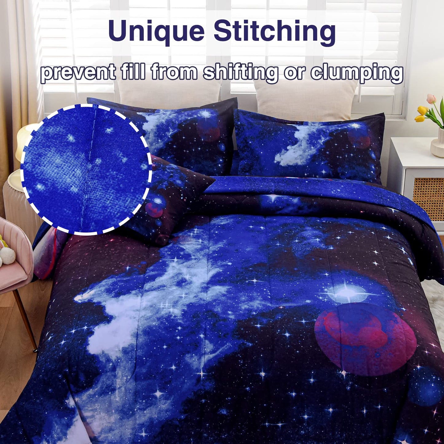 A Nice Night Galaxy 6Pcs Bedding Sets Outer Space Comforter Bed in a Bag 3D Printed Quilt,for Children Boy Girl Teen Kids,Full 6Pcs