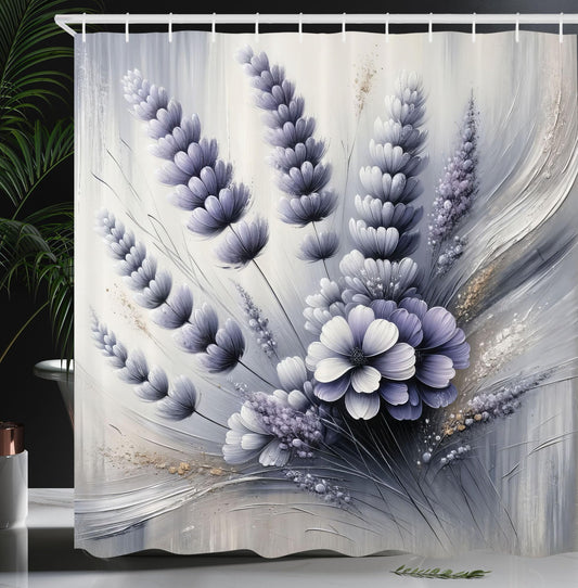 Ambesonne Lavender Shower Curtain, Gentle Illustration of Purplish Petal Floral with Oil Paint Look Backdrop, Cloth Fabric Bathroom Decor Set with Hooks, 69" W x 70" L, Ceil Blue Pale Grey