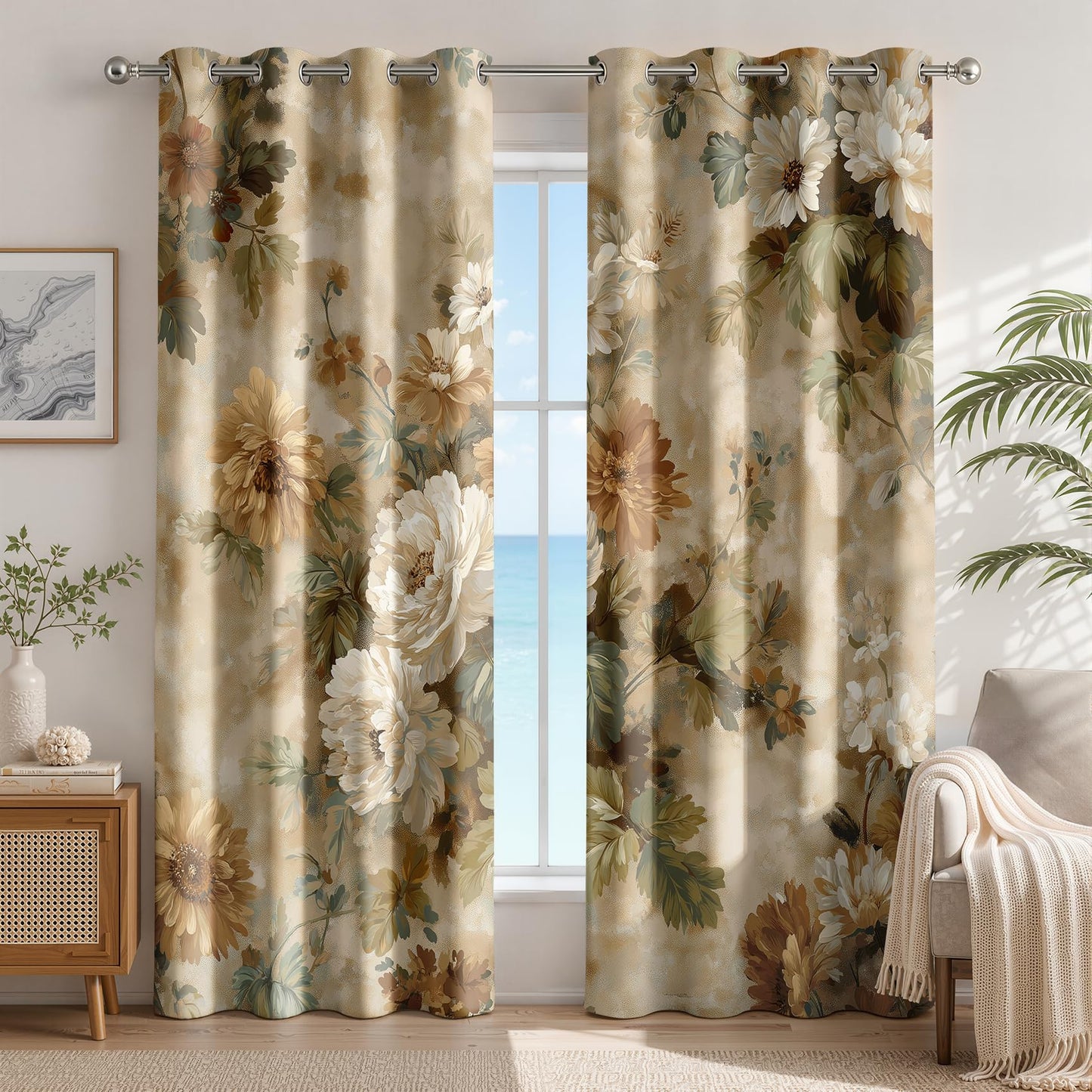 Vintage Floral Patterned Curtains Blackout, Thermal Insulated Room Darkening Grommet Drapes for Bedroom Living Room, 108 Inch Curtains 2 Panel Set, Distressed Peony Flower Shabby Chic Treatments