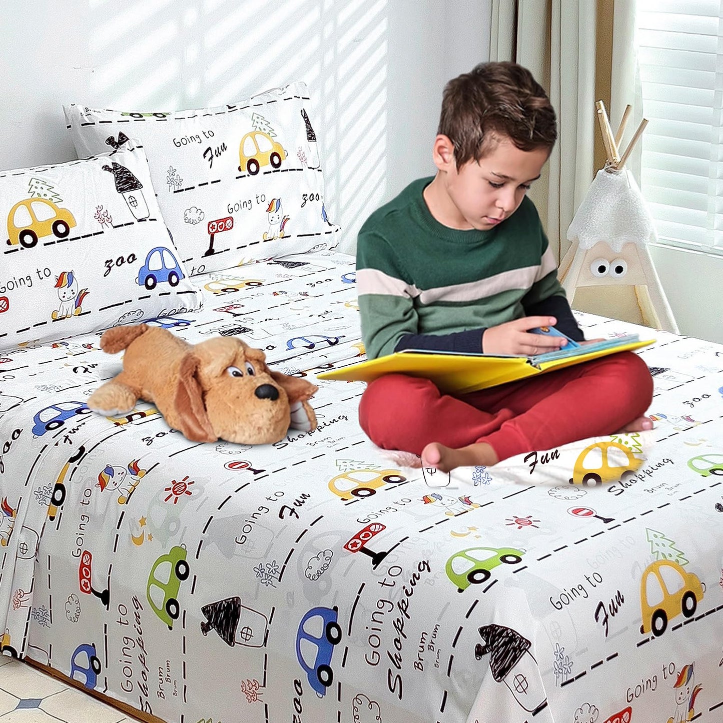 Homilay Full Sheet Set Kids - Car 4 Pieces Soft Microfiber Cartoon Style Bedsheets for Boys Girls Teens, Oeko TEX Breathable 15 Inch Deep Pocket Sheets(Unicorn Town)