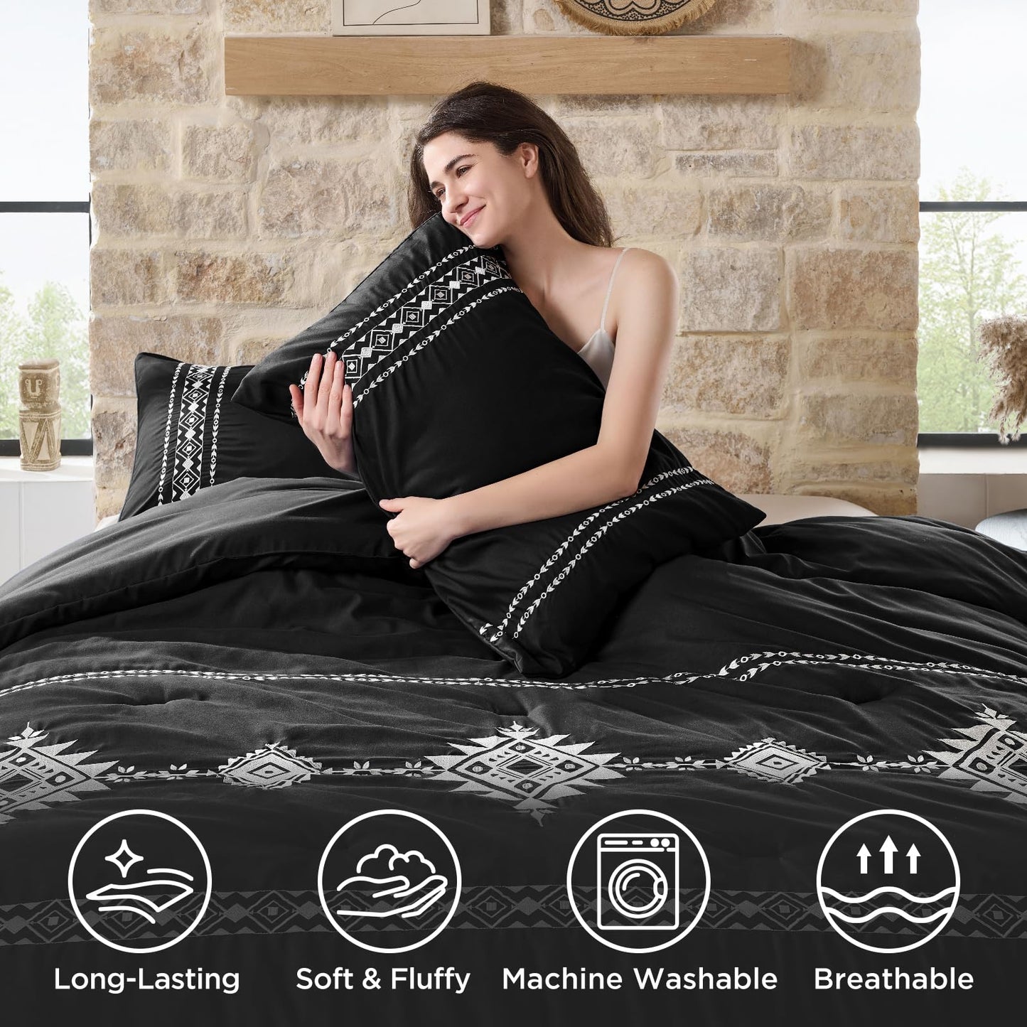 Baskbed Black Boho Embroidered Comforter Set Queen, 3 Piece Western Shabby Chic Bedding, Ultra Soft Fluffy Microfiber Comforter with 2 Pillowcases, All Season & Oeko-TEX Certified