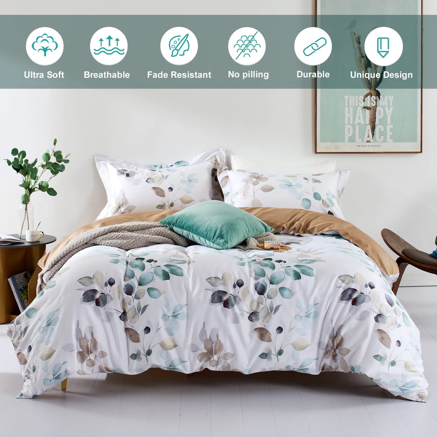 MILDLY Floral Duvet Cover Set - 100% Long-Staple Cotton Gradient Teal Leaves Pattern Comforter Cover 3pcs Soft Breathable Luxury Bedding for All Season