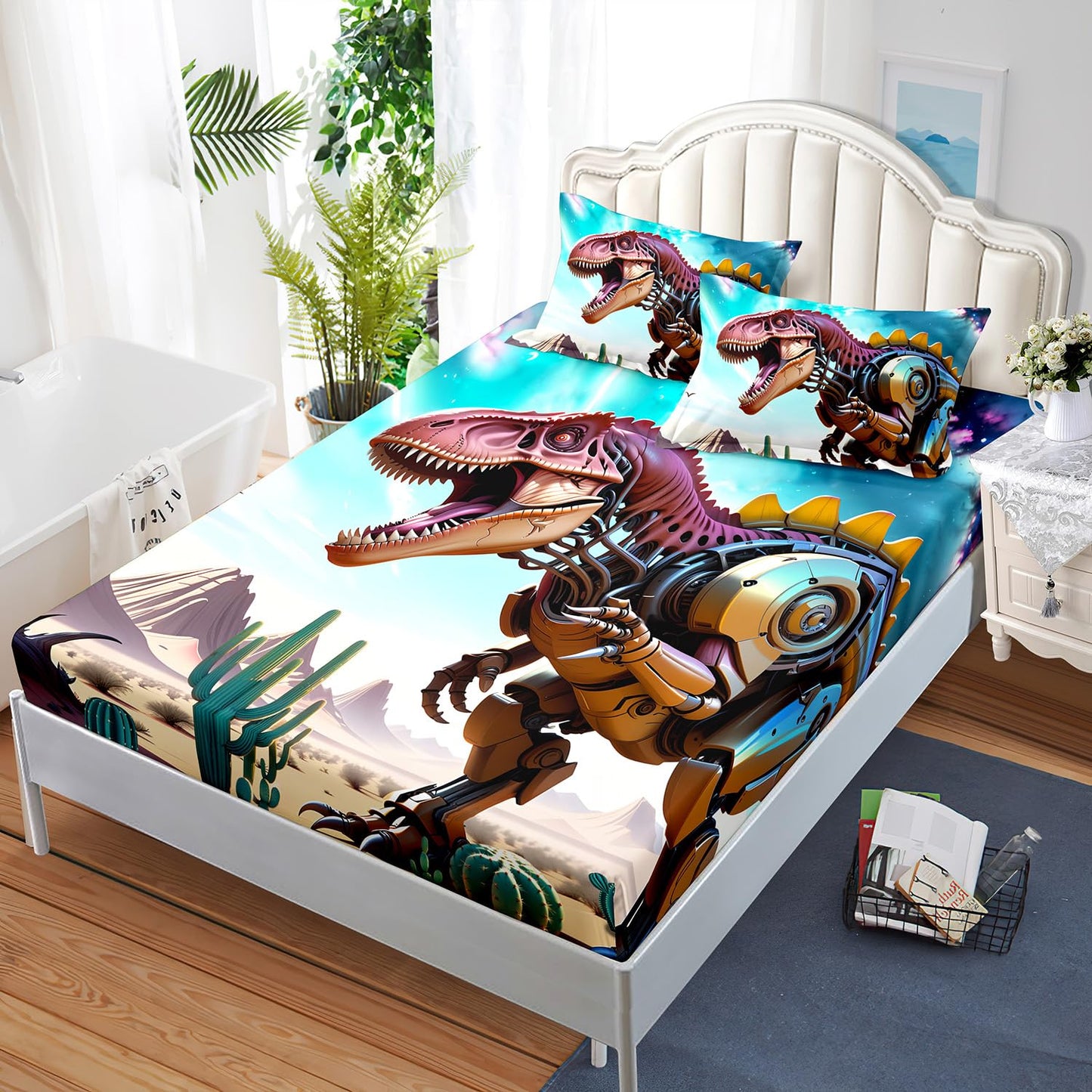 AILONEN 3D Dinosaur Fitted Sheet Set Twin XL Size,Roaring Dinosaur Bed Sheet Set for Boys Kids,3 Pieces Desert Metal Dinosaur Printed Fitted Sheet with 2 Pillowcases