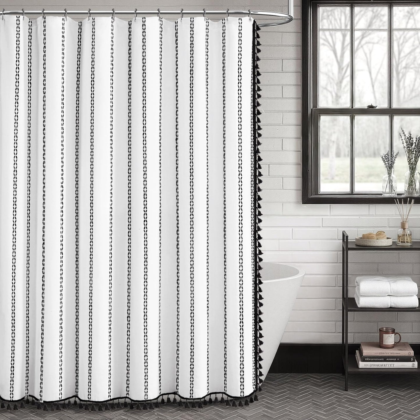 NDDYCU Black and White Boho Shower Curtain Farmhouse Linen Striped Fabric with Tassels, 72 X 72