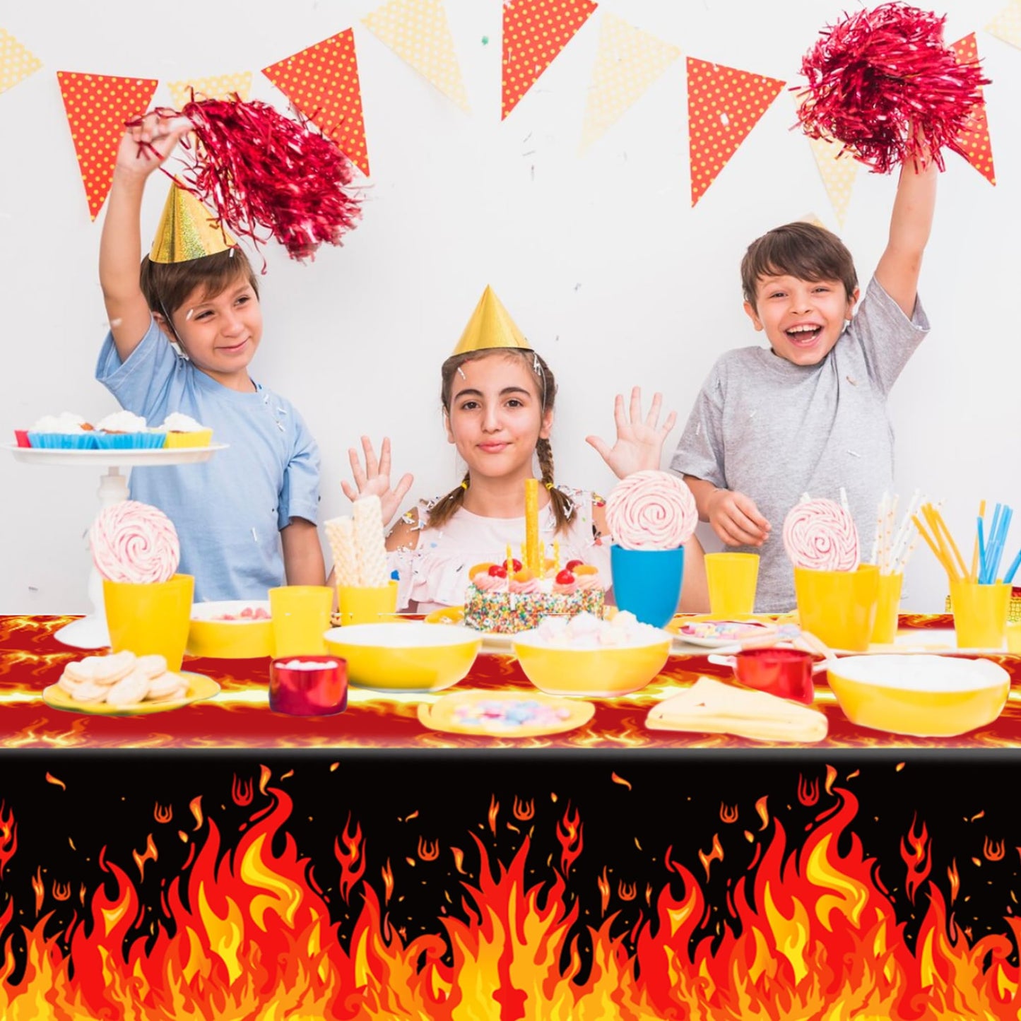 CC HOME 1Pc Fire Party Plastic Tablecloth 54 x 87 Inch Long Table Cover, Flame Party Tablecover for Fire Fighting Theme Kids Baby Shower Birthday Dinner Picnic Kitchen Event