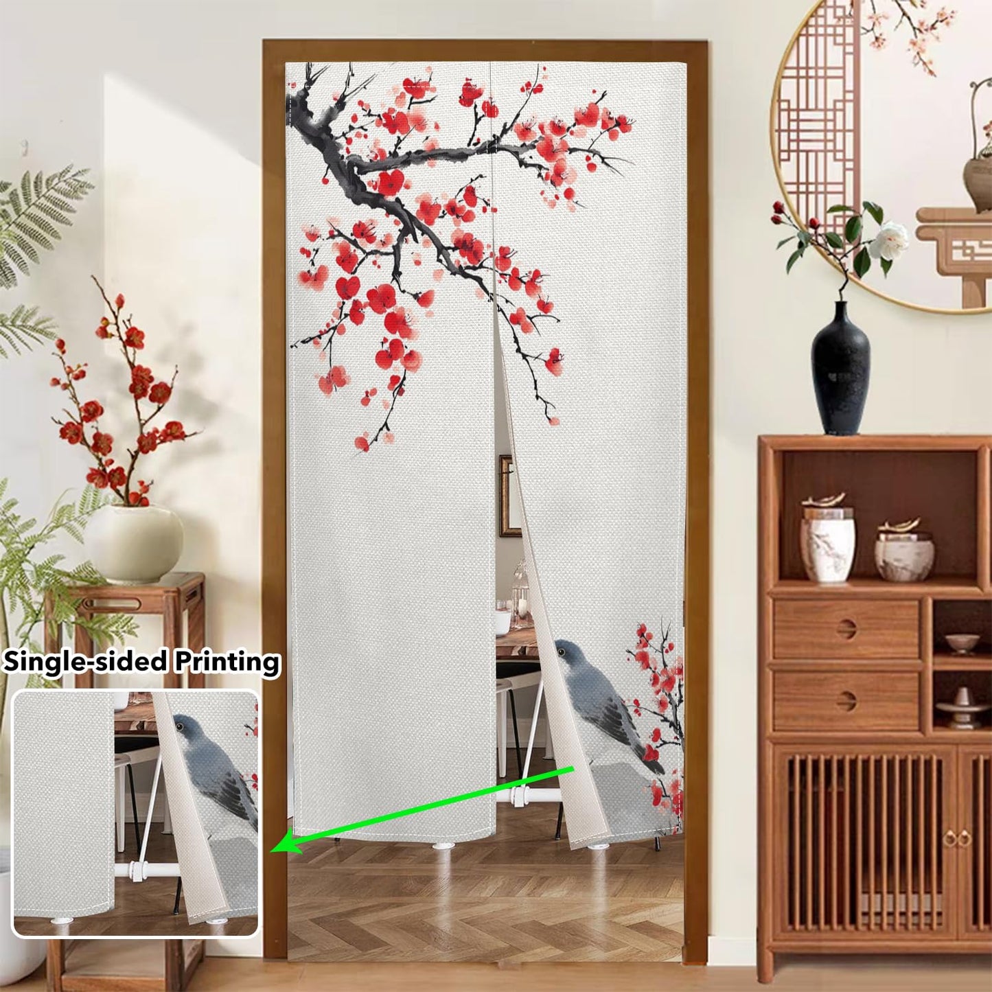 Leowefowa Long Japanese Noren Doorway Curtain Chinese Style Window Treatment Bird Printing Hanging Door Curtain Tapestry Panel for Room Divider Home Kitchen Decorations (Red, Blossom), 33.5"x 70.9"
