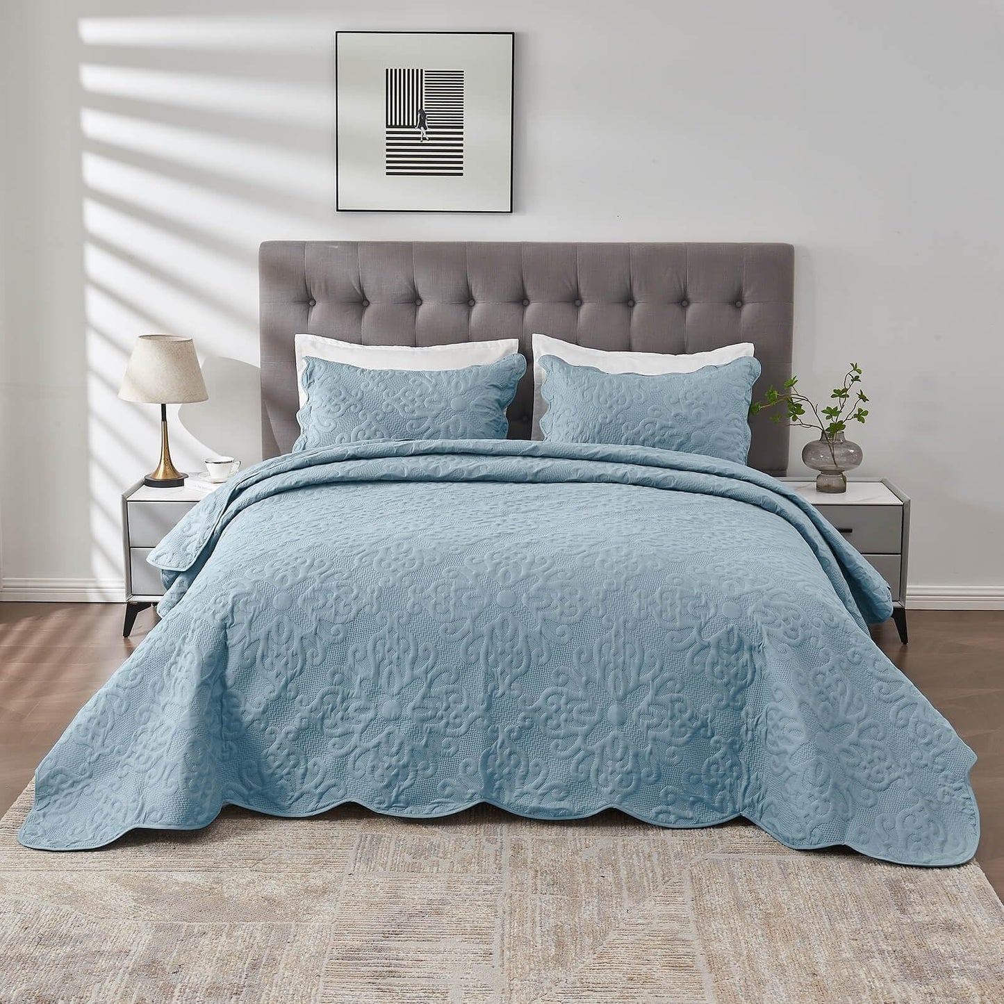 Oversized King Bedspreads 128x120 Extra Wide Quilt for Tall King California King Bed Lightweight 3 Piece Quilted Coverlet Pillow Shams Set Spa Blue