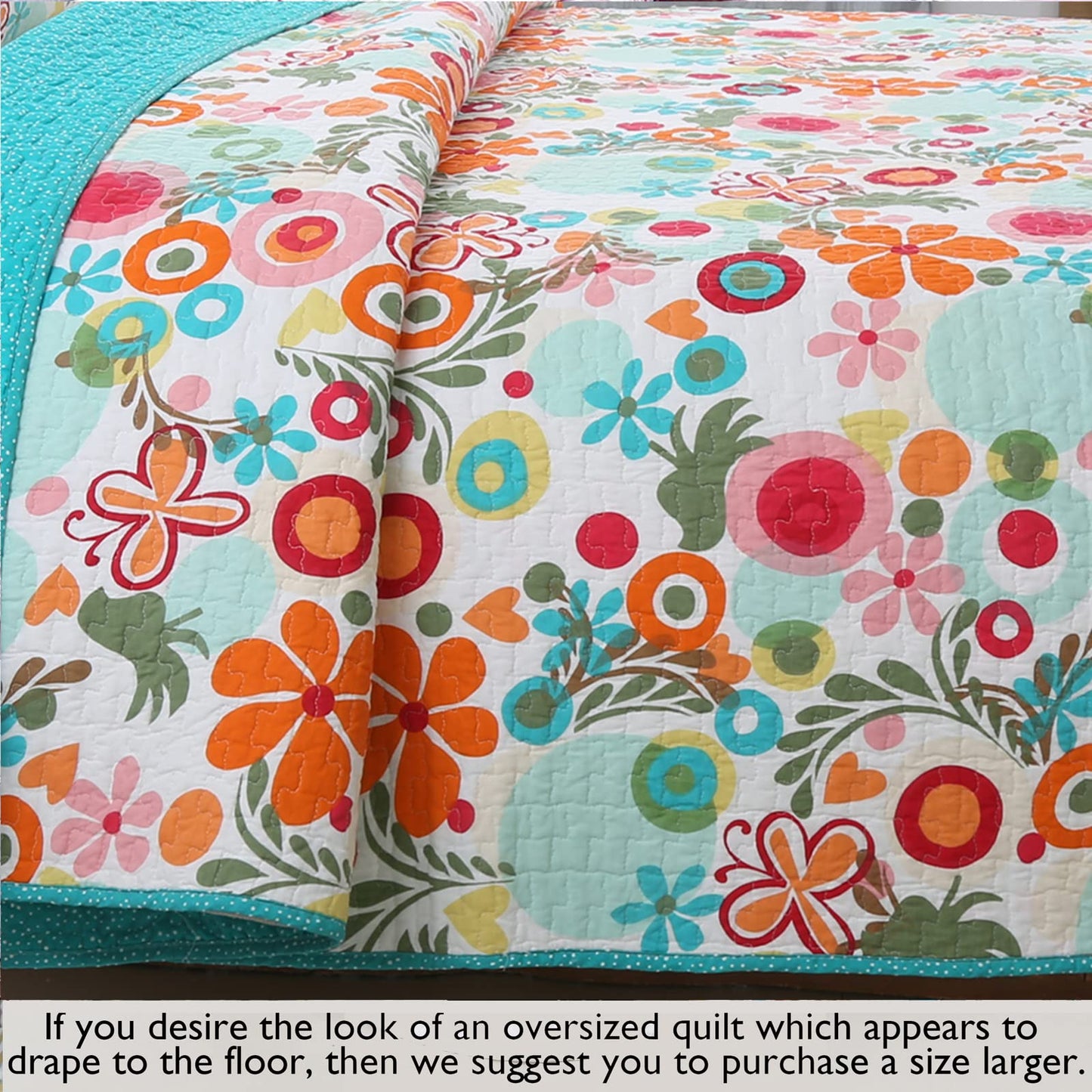 Cozy Line Home Fashions Pink Green Blue Orange Colorful Floral Whimsy Reversible Girl Quilt Bedding Set, Coverlet, Bedspread (Twin - 2 Piece: 1 Quilt + 1 Standard Sham)
