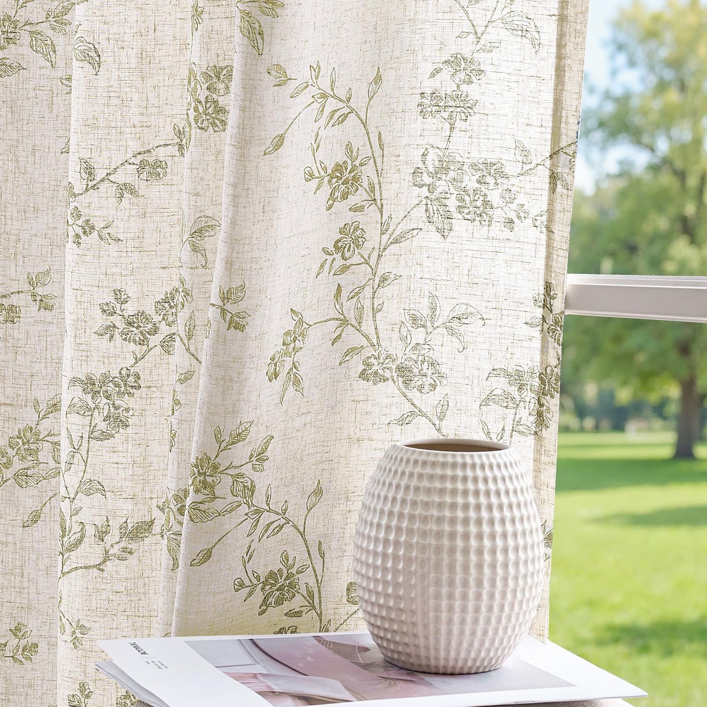 jinchan Linen Floral Curtains 63 Inch Farmhouse Country Flower Drapes Rustic Window Curtains Light Filtering for Living Room Bedroom Laundry Back Tab 2 Panels Green on Beige