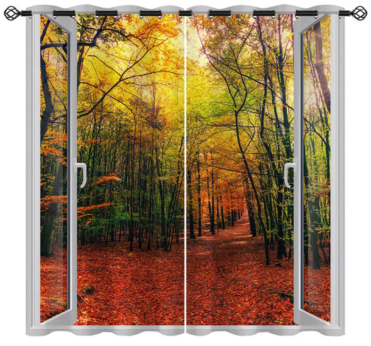 Forest Blackout Curtains for Girls Boy Home Decor, Nature Autumn Woodland Trees Scenery Grommet Thermal Insulated Drapes Darkening Window Curtain for Bedroom Living Room, 42 x 45 Inch