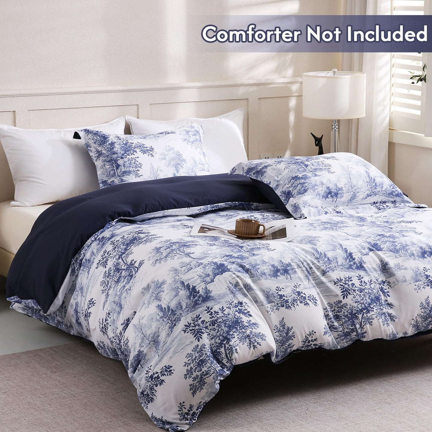 LONAVA Queen Botaincal 3 Pcs Duvet Cover Set, Breathable Soft Microfiber Navy Lining Comforter Cover with Zipper Closure, and 2 Anti-Pilling, Fade Resistant Pillowcases, Blue Forest