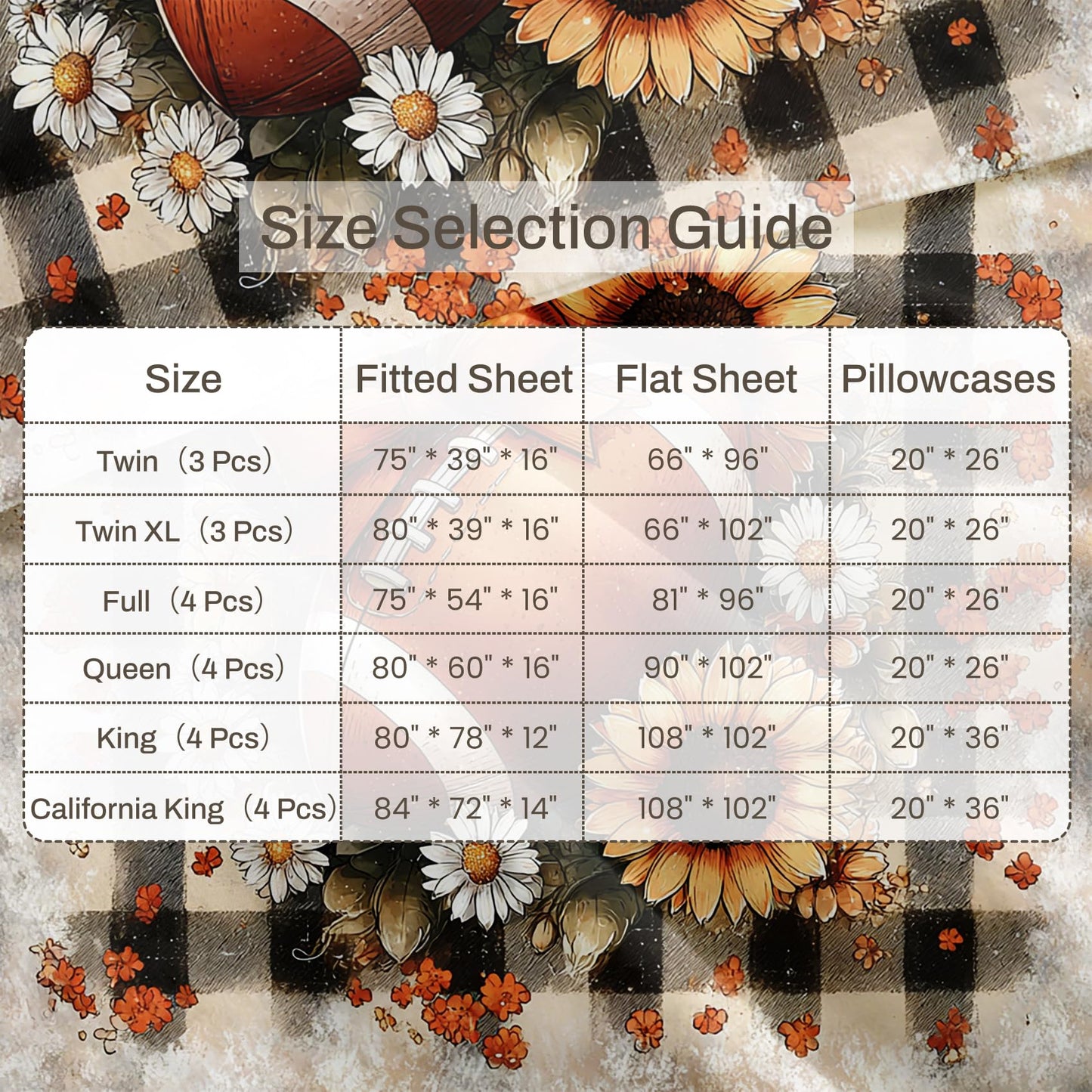 Football Queen Sheet Set 4 Pcs Sunflower Bed Sheets, Brown