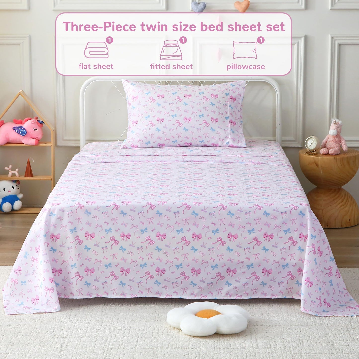 Softan Kids Bed Sheet Set, Girls Twin Size Kids Sheets, Microfiber Fitted Sheet and Pillowcase, Breathable and Silky Soft, 3 Piece Colourful Bowknot Printed Twin Bed Sheet