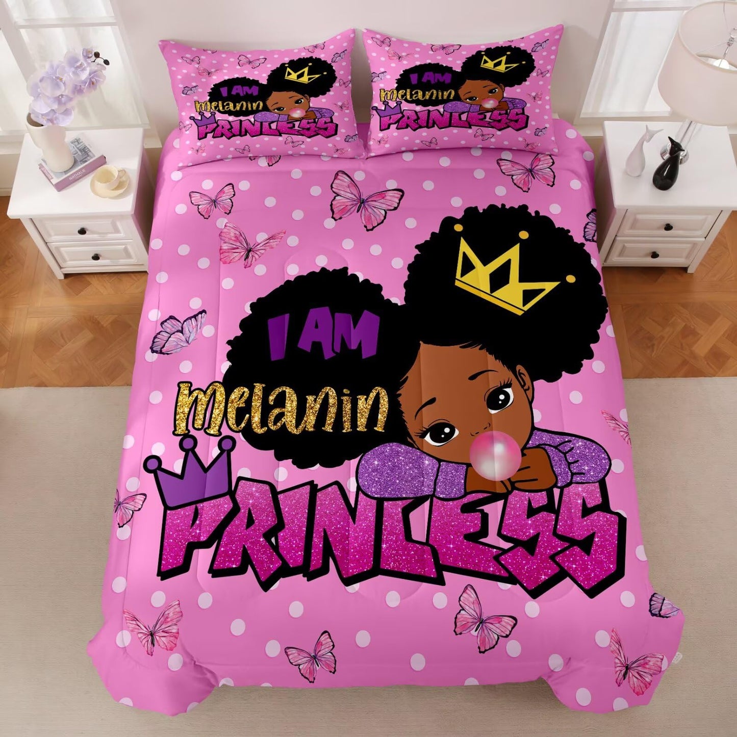 GRAT TIOC Little Black Girl Comforter Sets Twin Size,Black Girl Magic Bedding Set,Cute Little Princess Comforter Set for Kids Melanin Bedroom Bed Sets