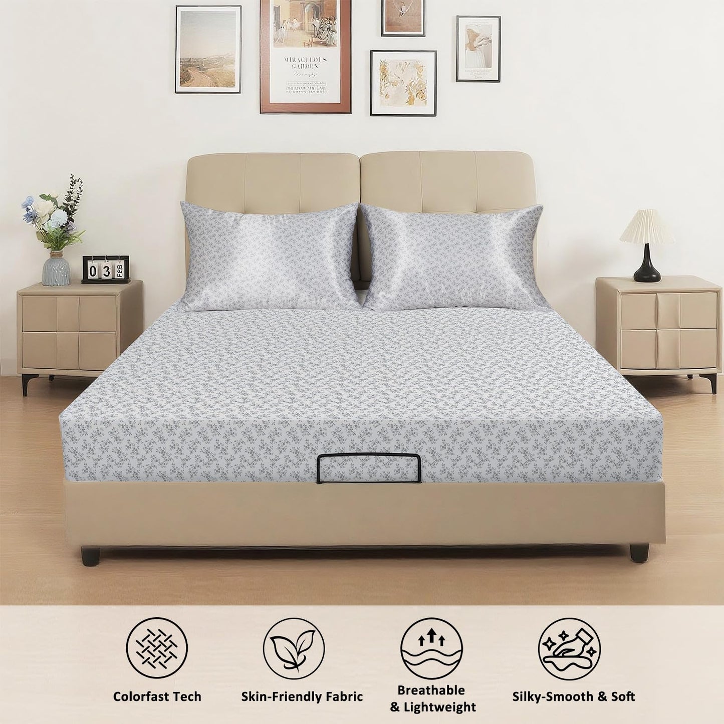 3pcs Satin Bedding Bundle: Fitted Sheet & 2 Pillowcases, Queen Size, Dark Blue Floral, Ultra Soft & Easy Care