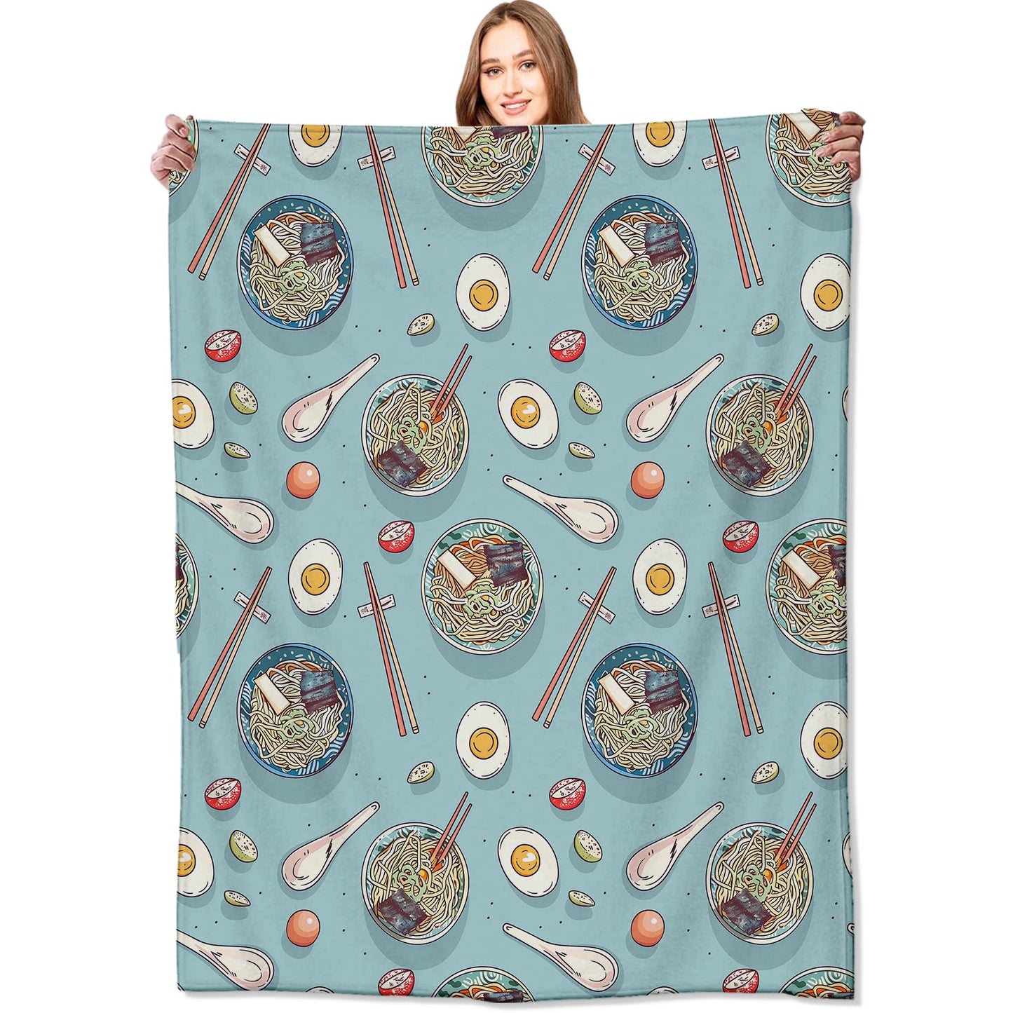 VODRM Ramen Blanket Fun Noodle Bowl & Chopstick Asian Cuisine Throw Blankets,Birthday Gifts for Women & Foodies Lovers,Lightweight Soft Fleece Cozy for Sofa Kitchen Couch Bed Room Decor 50x60in