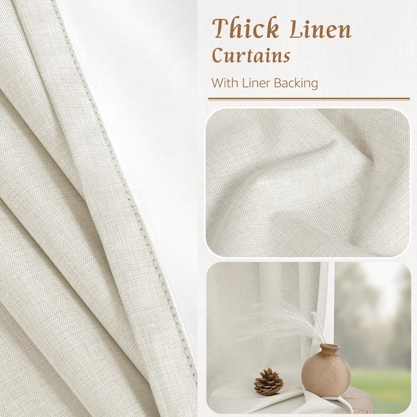 LAMIT 100% Blackout Natural Polyester Curtains, 63 Inches Linen Textured Thermal Bedroom Curtains Back Tab and Rod Pocket Neutral Panels with White Liner for Farmhouse, 2 Panels, 52 x 63 Inch, Ivory