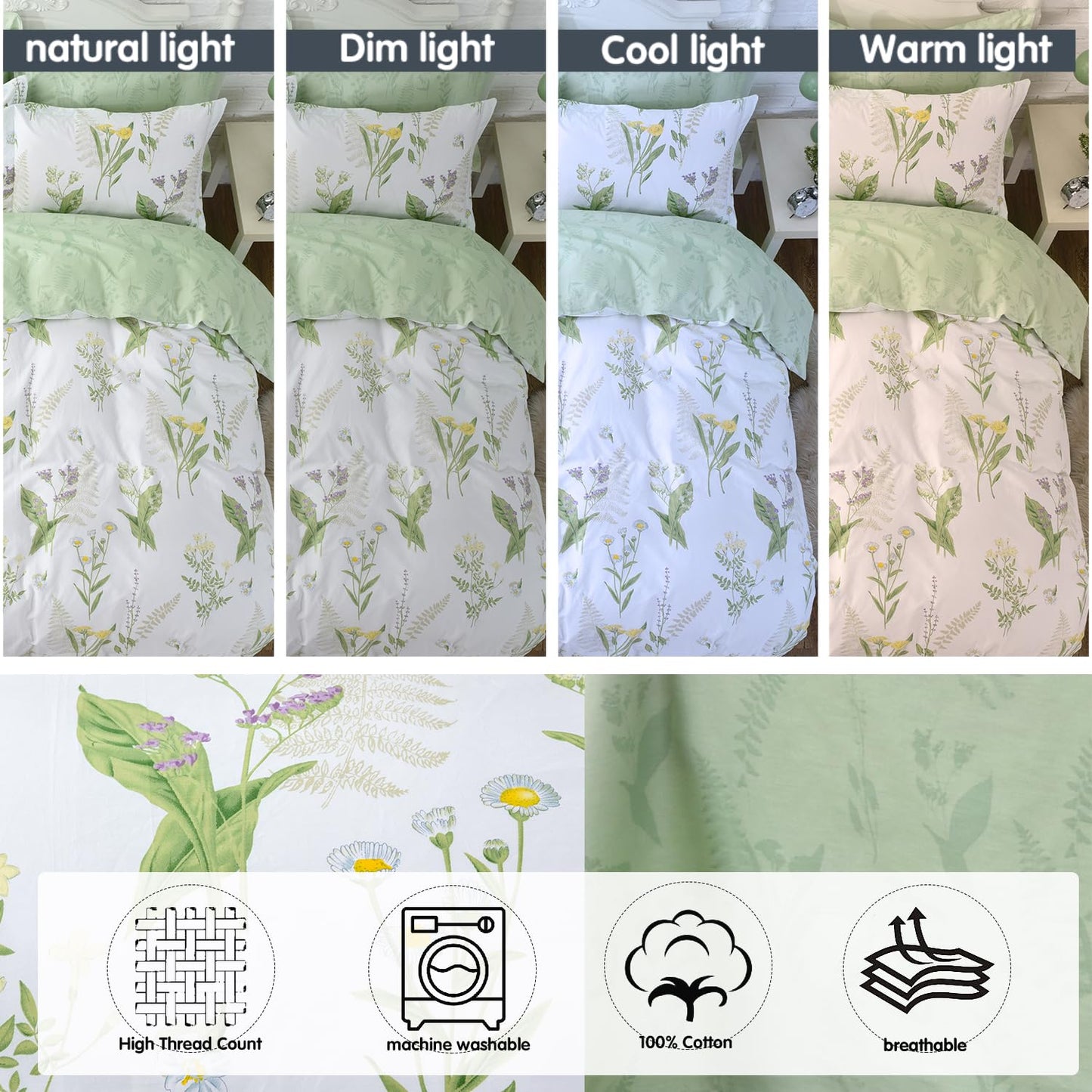 FADFAY Duvet Cover Set Full Shabby Green Daisy and Lavender Flowers Botanical Comforter Cover 100% Cotton with Hidden Zipper Closure 3-Piece, 1 Duvet Cover & 2 Pillowcases Full Size