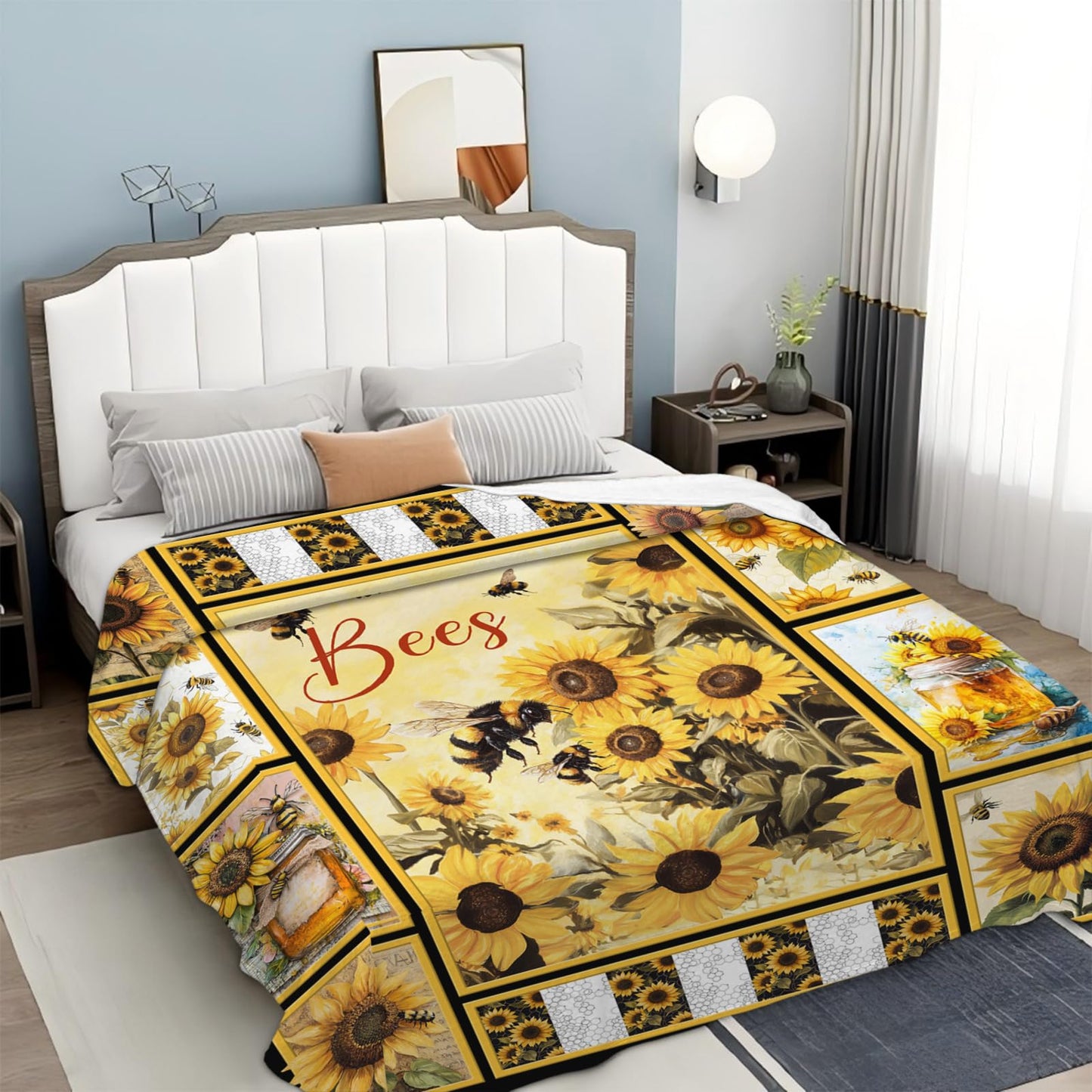 Bee Blanket for Boys Girls, Bee Sunflowers Flannel Throw Blanket, Fleece Soft Cozy Stuff Blankets Gift for Women Men Couch Sofa Bed 50" x 40"