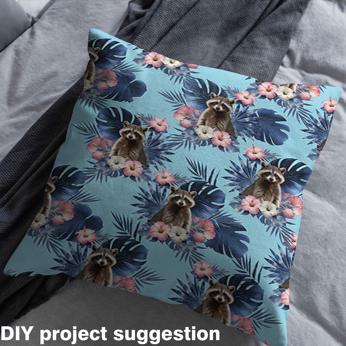 Cute Raccoon Fabric by The Yard Blue Palm Leaves Pink Flowers No Stretch Sewing Fabrics Lovely Wild Animals Tropical Plants Soft Flannel Polyester Fabric for DIY Home Accents 1 Yard Pre-Cut,36"x59"