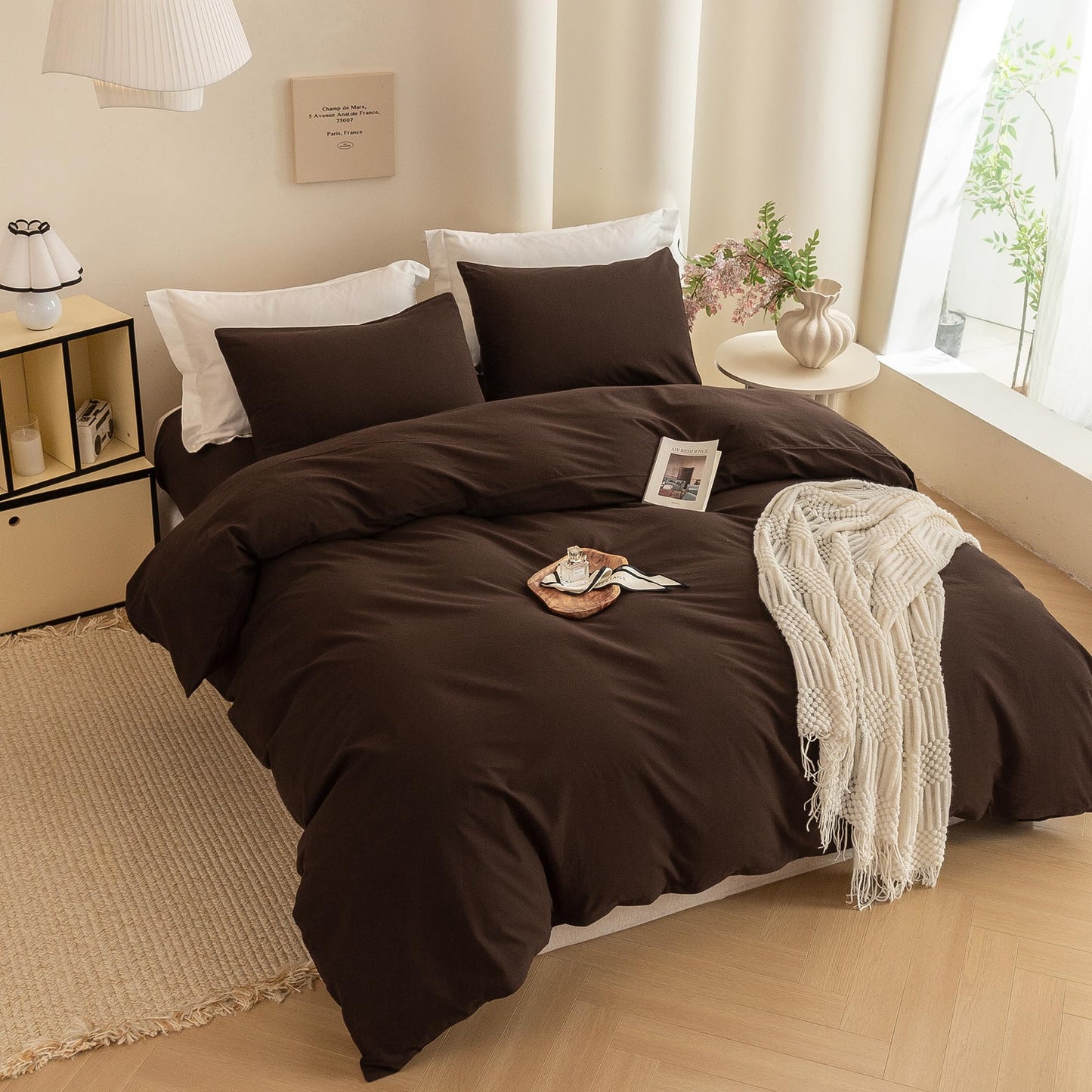 ECOCOTT Duvet Cover Queen Size -100% Washed Cotton Linen Like Textured Breathable Durable Soft Comfy Bedding Set with Zipper Closure & Corner Ties (Cocoa Brown, 90"x90")