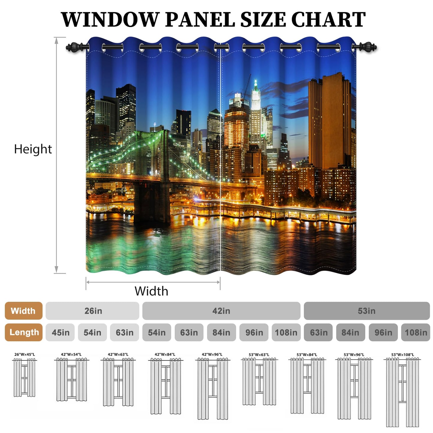 AOFOTO New York City Blackout Window Curtains, Brooklyn Bridge Night Scene Skyscraper Urban Light Long Bedroom Curtains Manhattan Skyline Decorative Grommet Top Window Panels 42x63 Inches, 2 Panels