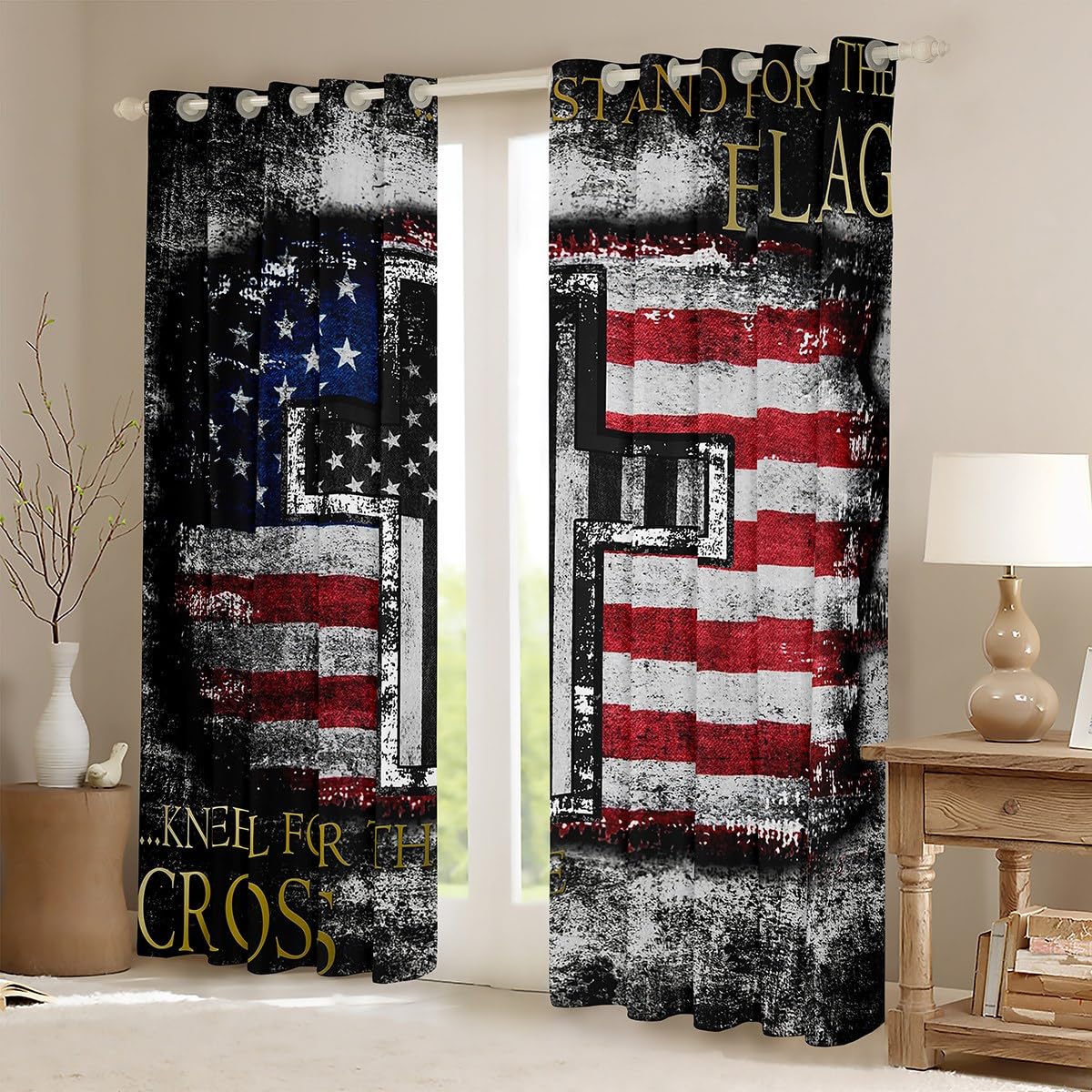 Erosebridal American Flag Blackout Curtains for Teen Boys Camo Black White USA Flag Curtains for Bedroom, The Cross Theme Curtains & Drapes Religious Patriotic Style Window Curtains 42''Wx63''L